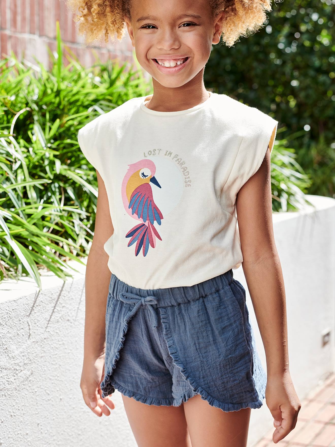 T-shirt à épaulettes motif placé fille écru