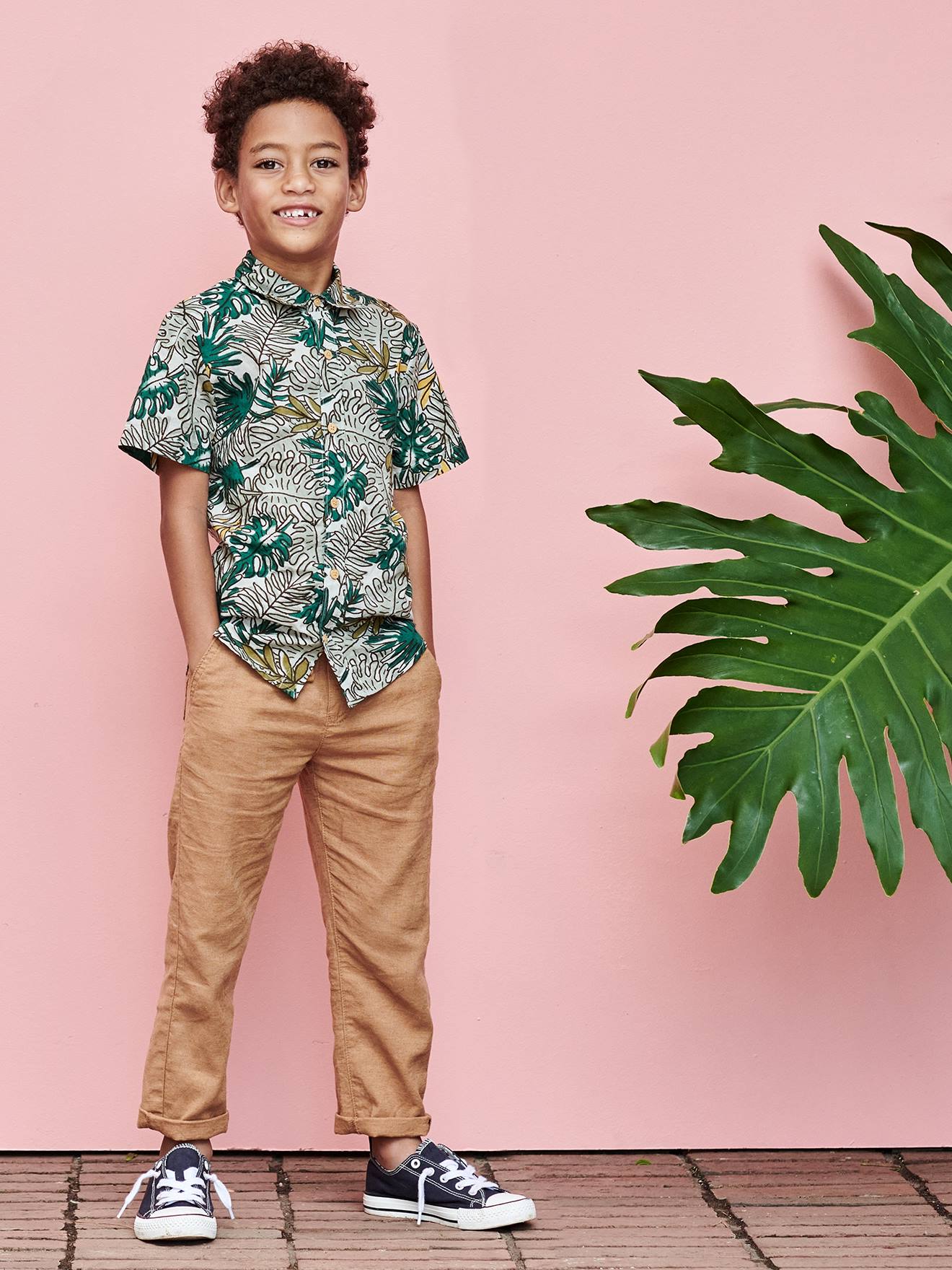 Pantalon léger garçon en coton/lin noisette