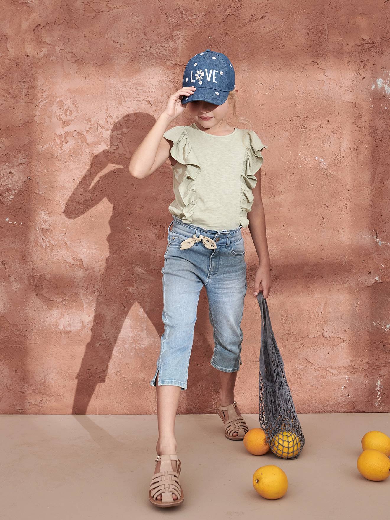 Pantacourt denim à noeud fille double stone