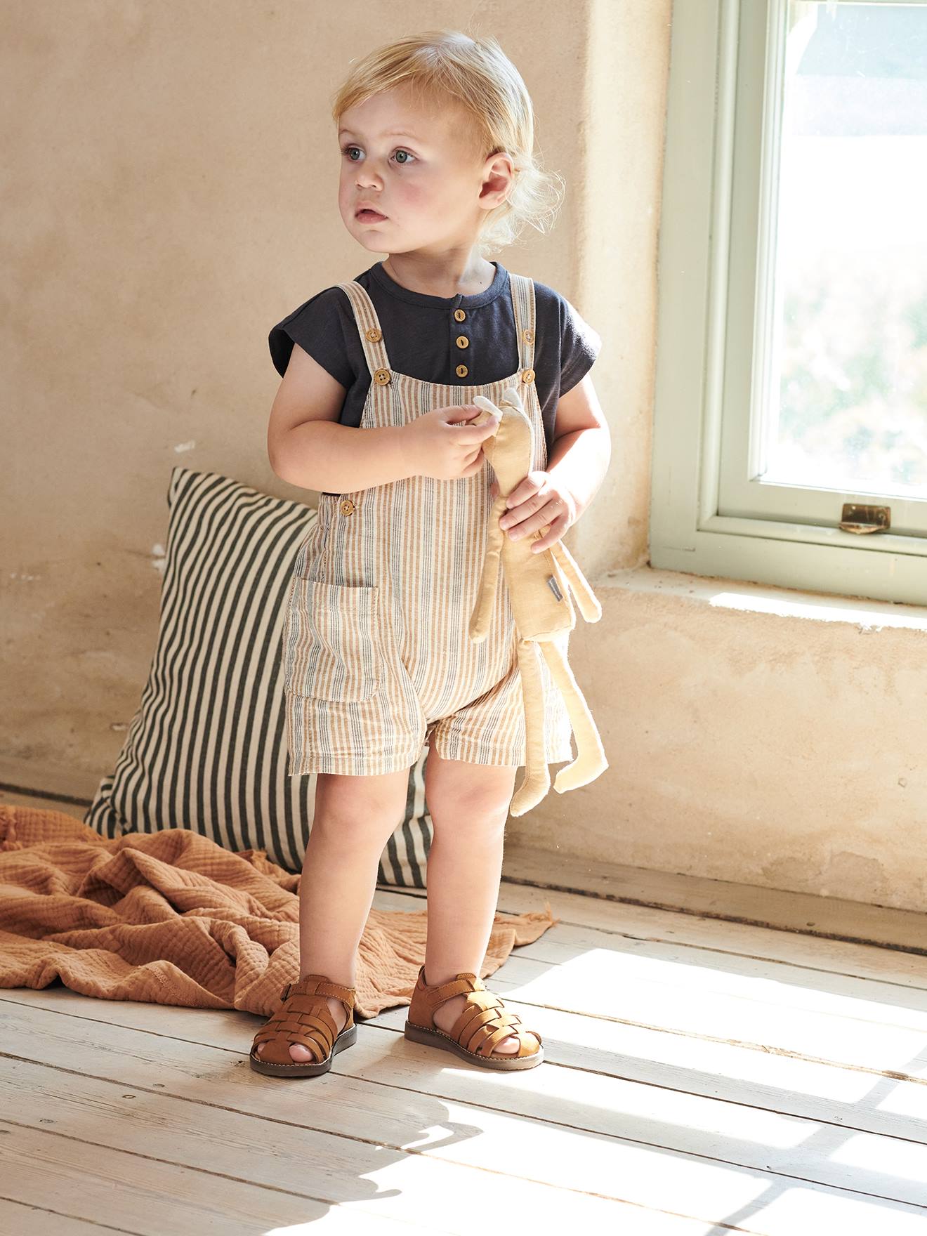 Ensemble bébé T-shirt et salopette rayée écru