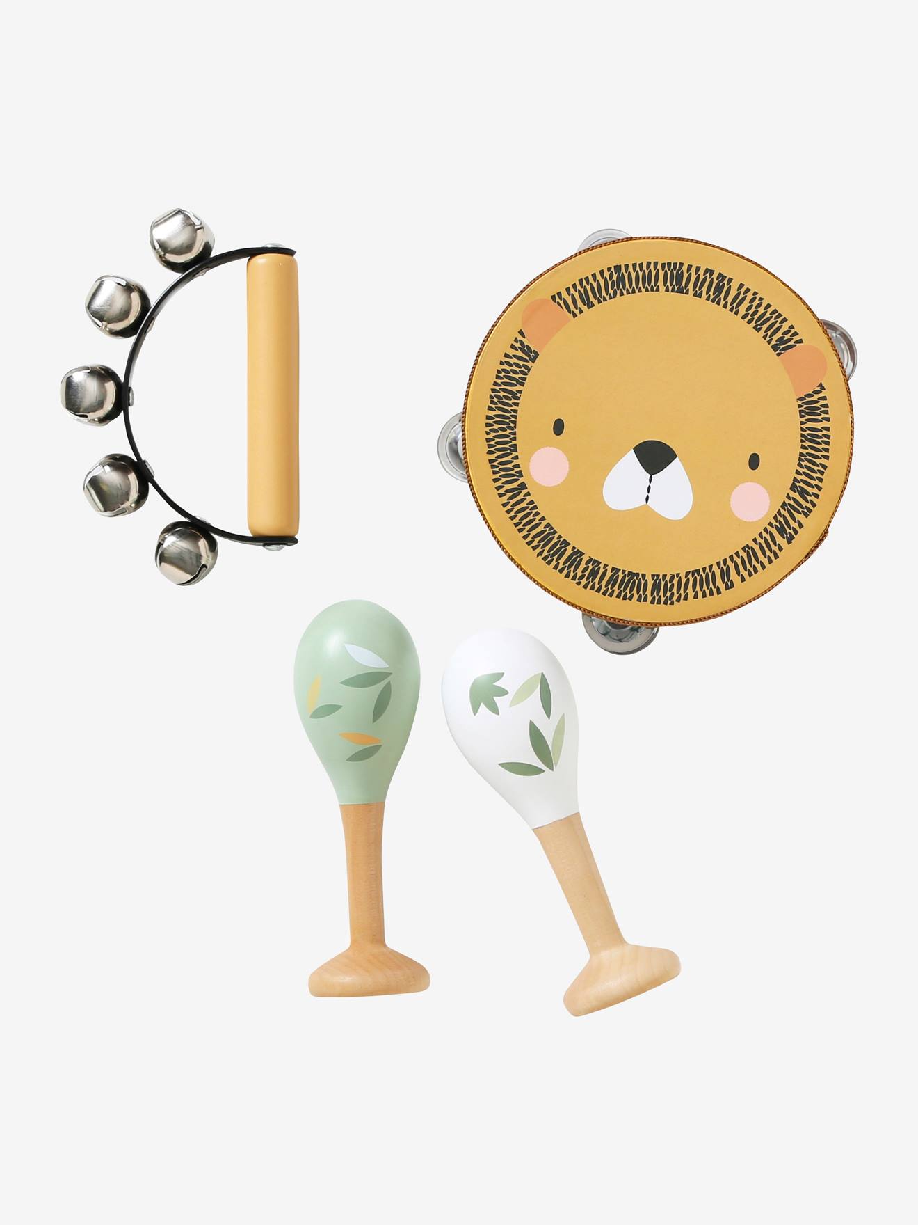 Set 3 instruments : maracas, tambourin, grelots en bois FSC® tanzanie (Vertbaudet) - Image 1