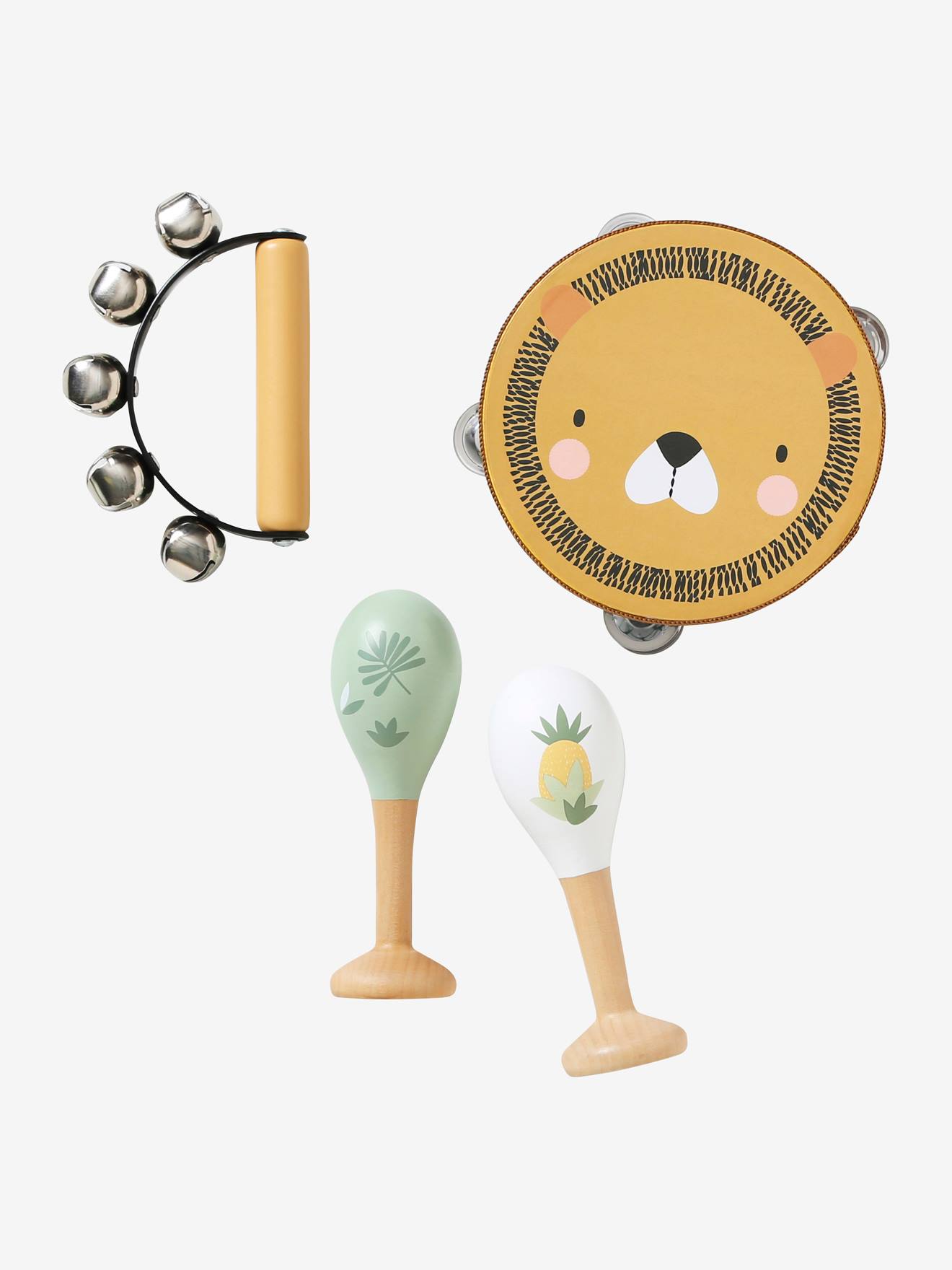 Set 3 instruments : maracas, tambourin, grelots en bois FSC® tanzanie