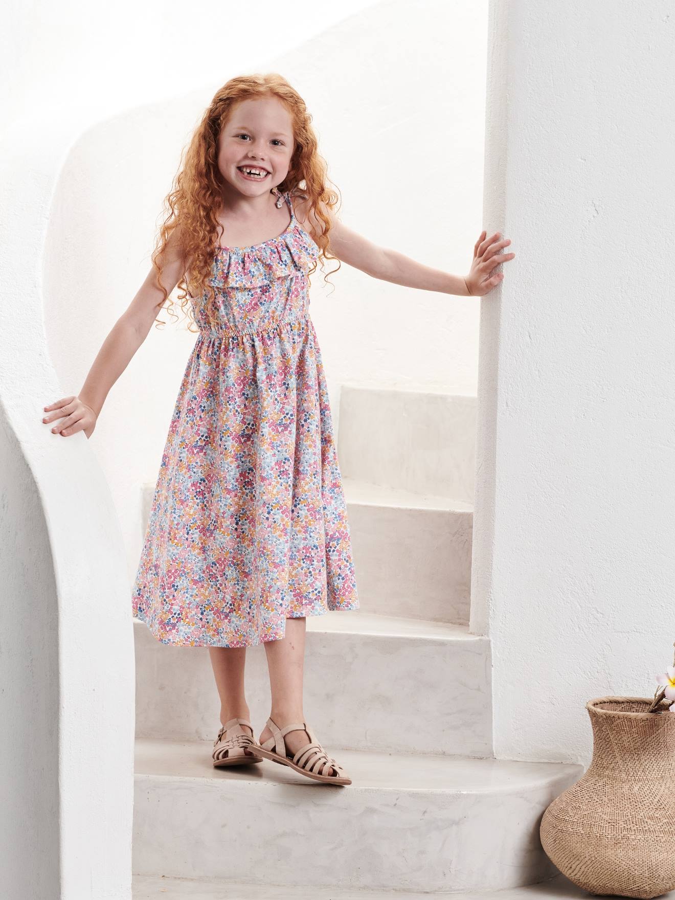 Robe mi-longue à bretelles imprimée fille multicolore