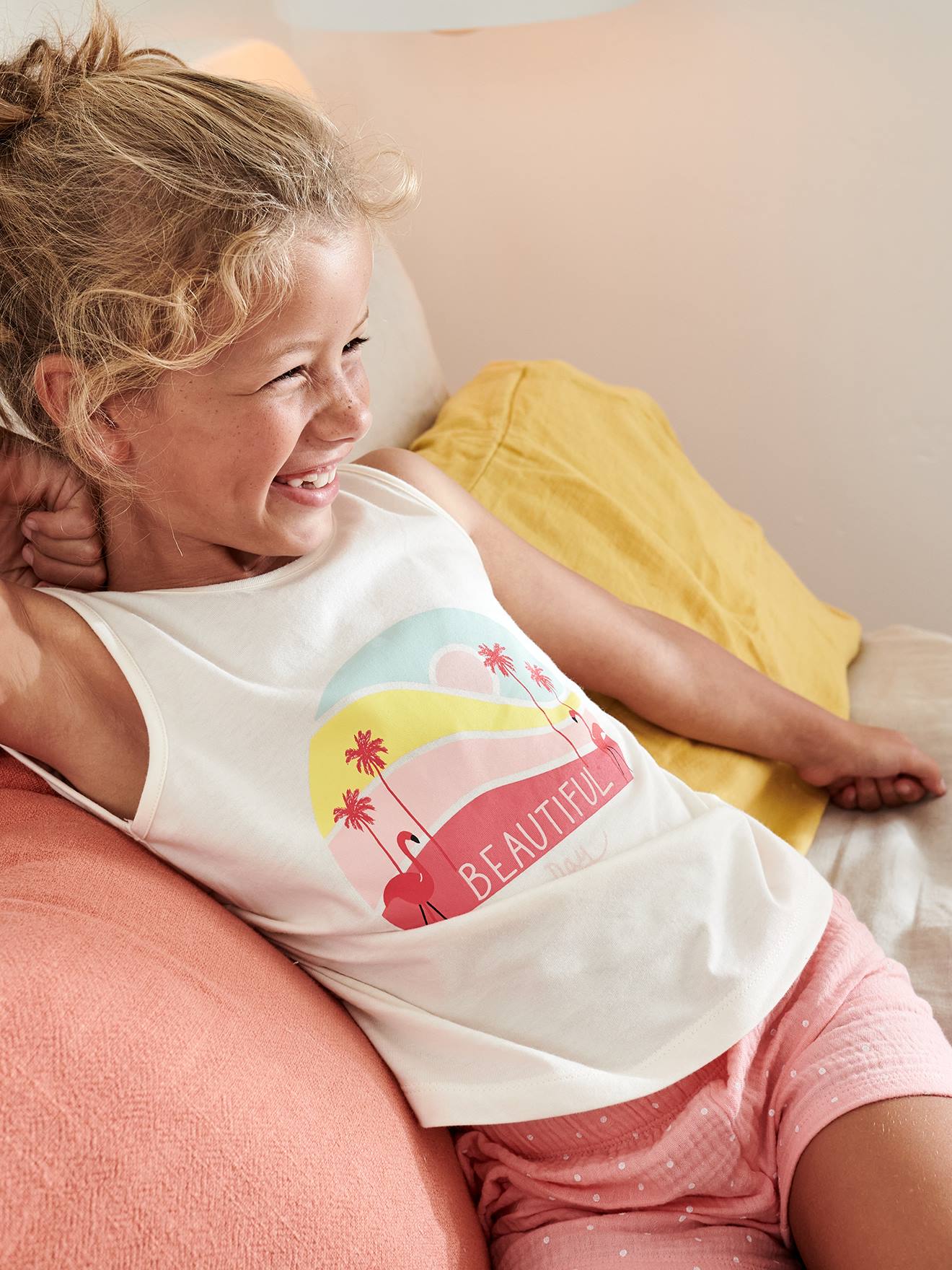 Pyjashort fille flamant rose en gaze pur coton rose
