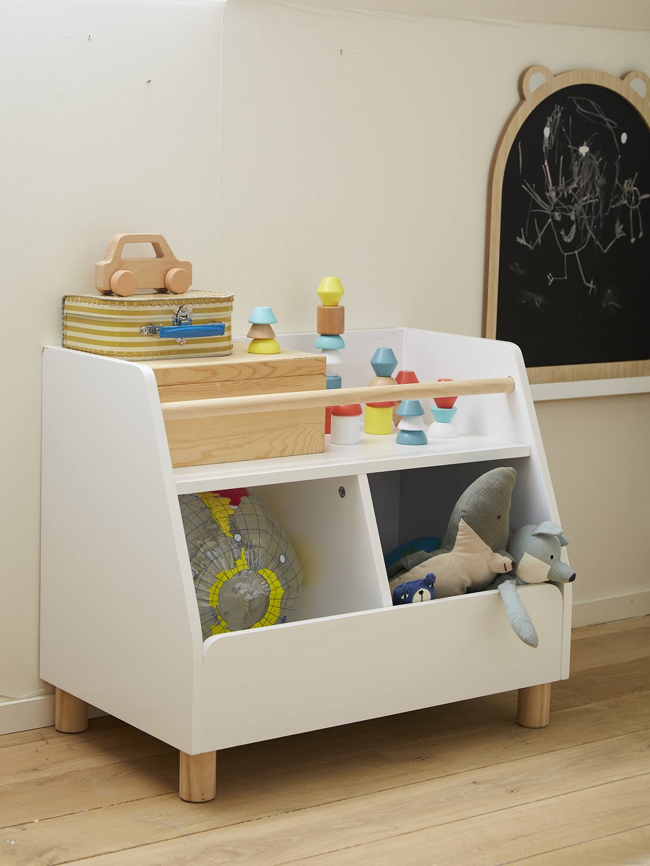 Meuble de rangement mixte étagère + bacs LIGNE PTILOU blanc/bois