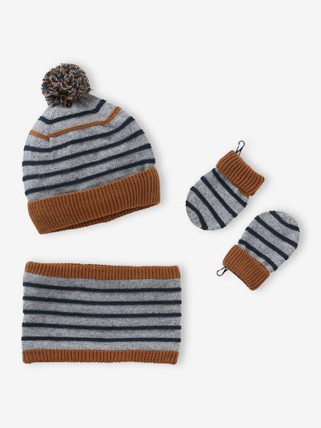 Vertbaudet - Ensemble marin bébé garçon bonnet + snood + moufles gris chiné