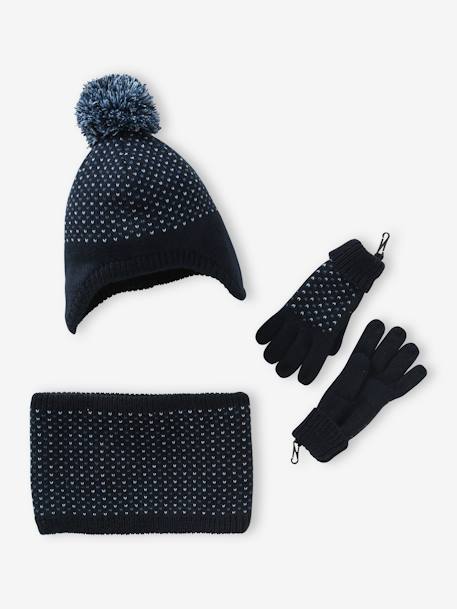 Garçon-Accessoires-Ensemble bonnet + snood + gants ou moufles en maille jacquard tripoint garçon