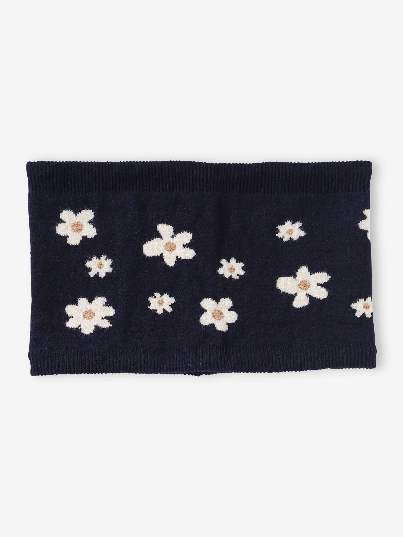 Snood fille avec motifs marguerites en jacquard marine