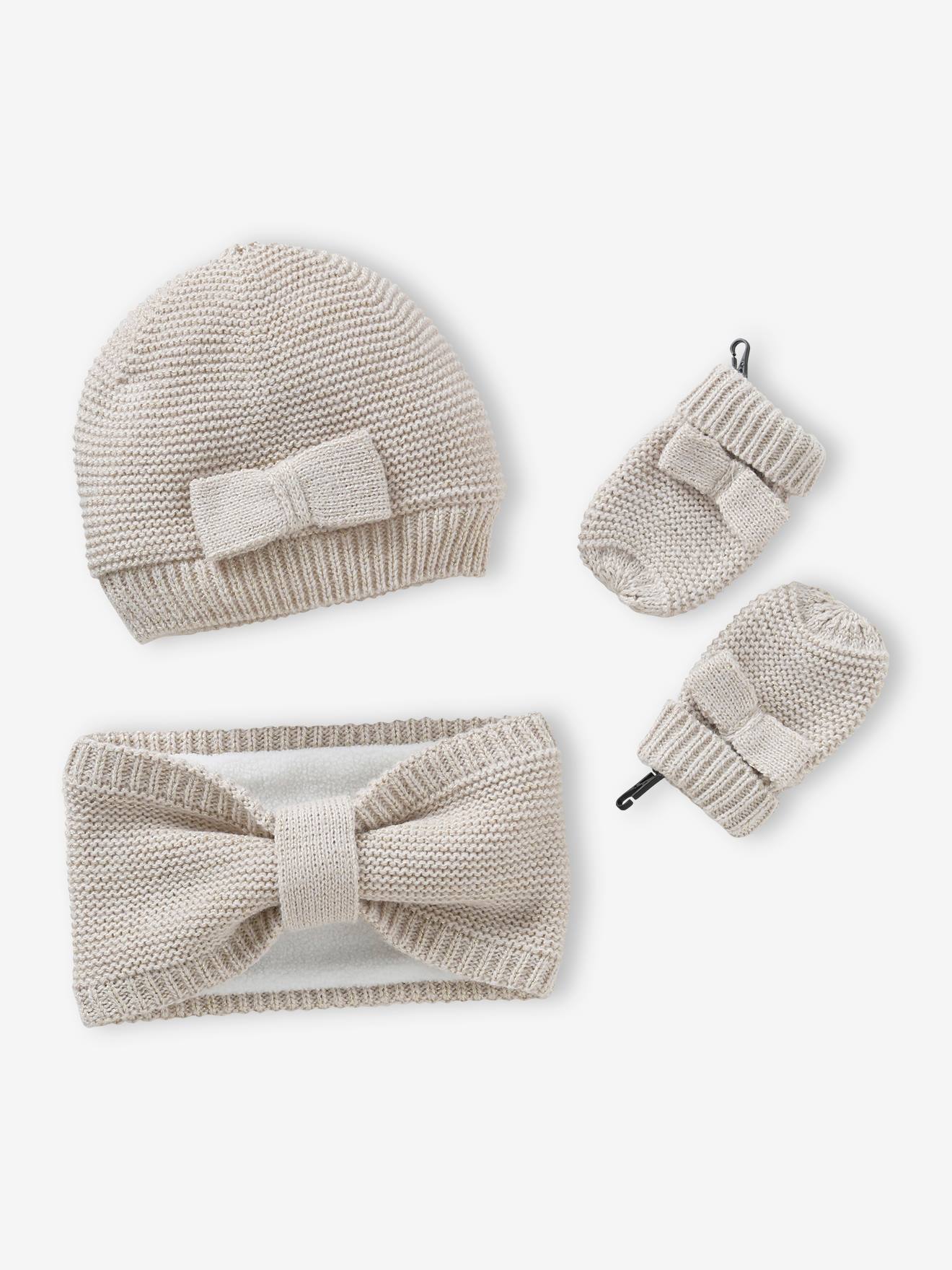 Ensemble bébé fille bonnet + snood + moufles noeuds écru