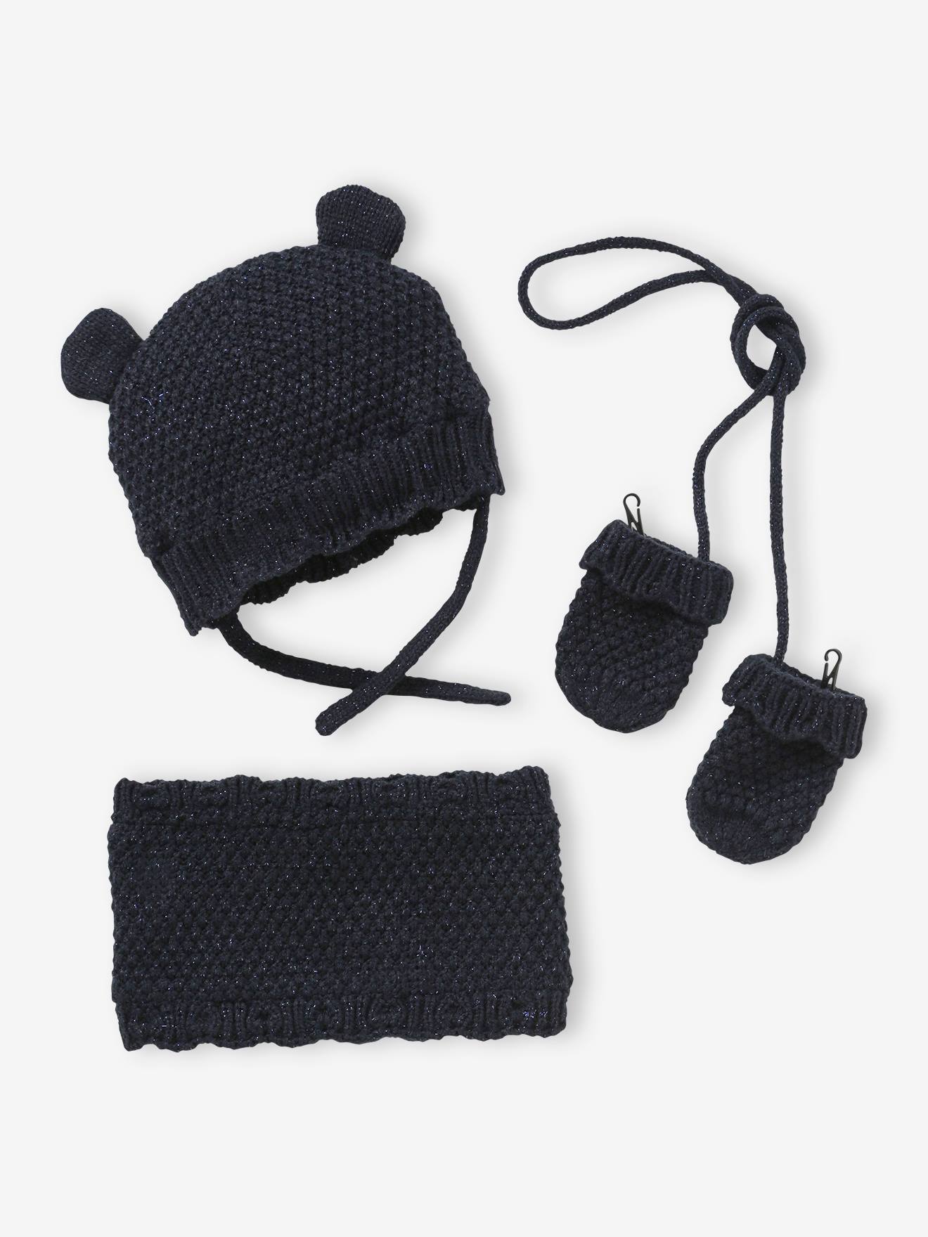 Ensemble bébé fille bonnet + snood + moufles marine