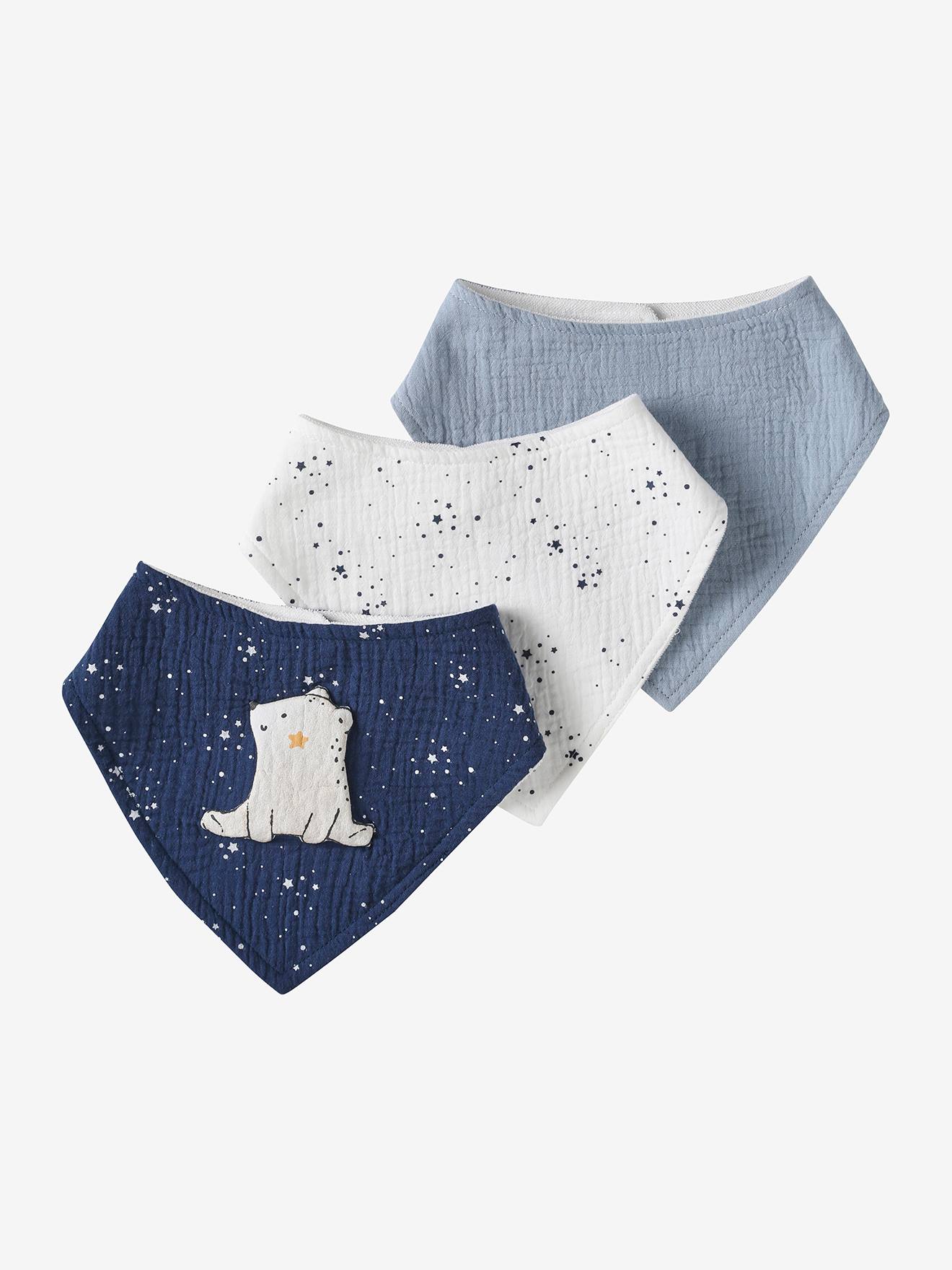 Lot de 3 bavoirs bandanas en gaze de coton bleu glacier