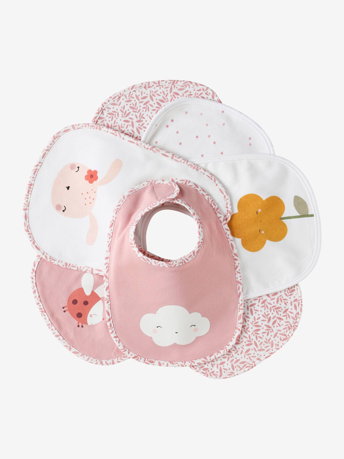 Lot de 7 bavoirs naissance en coton bio* vertbaudet rose pâle