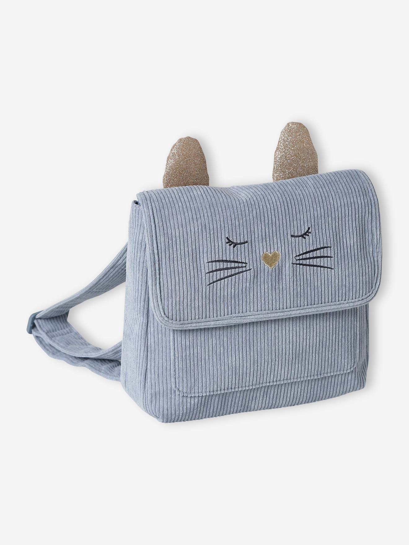 Cartable maternelle chat en velours enfant bleu grisé