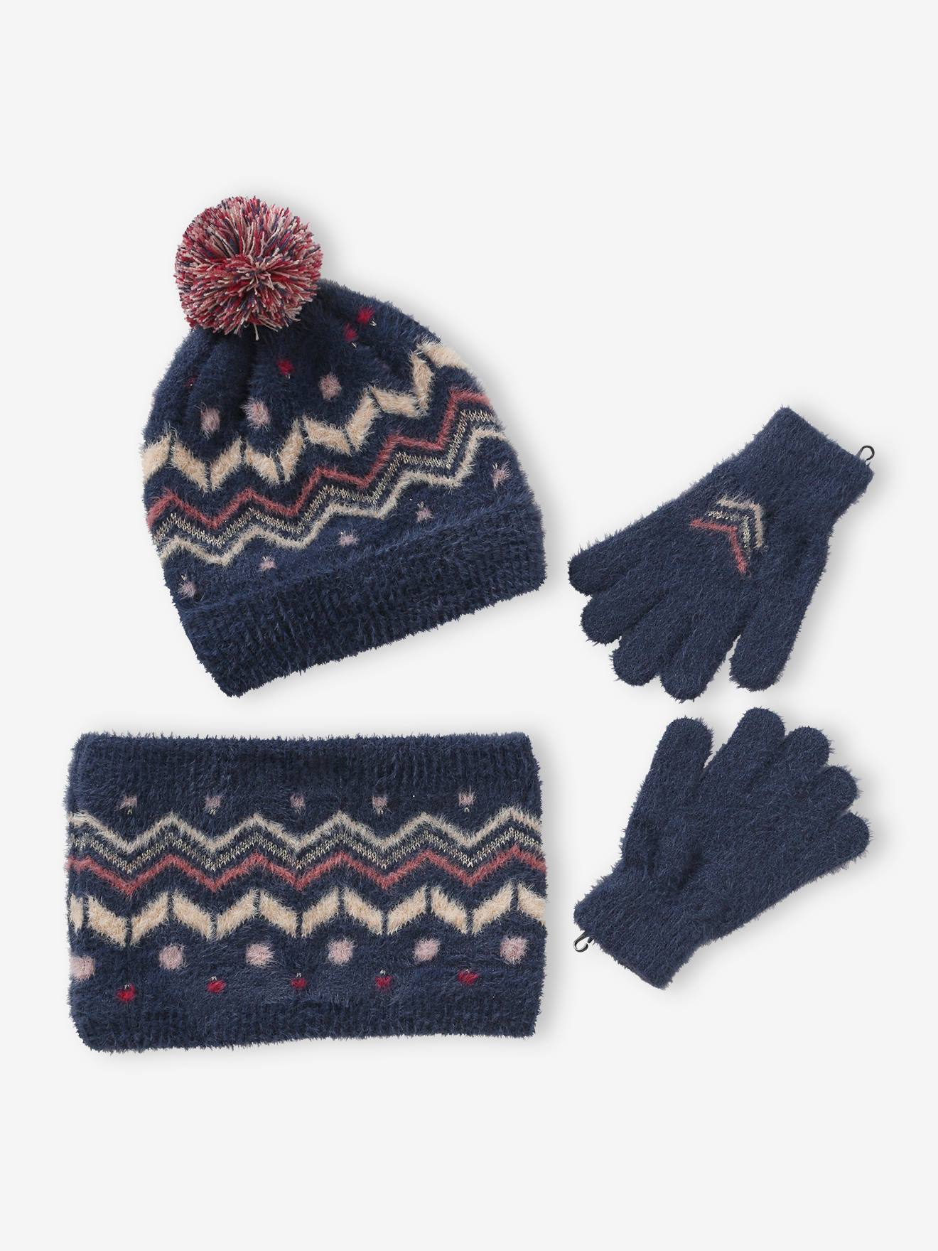 Ensemble bonnet + snood + gants ou moufles jacquard fluffy fille bleu nuit