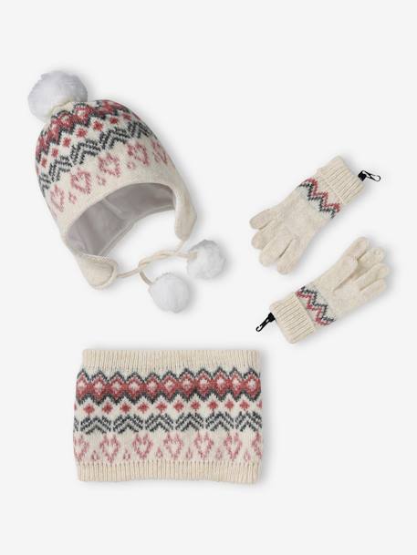 Fille-Accessoires-Ensemble bonnet + snood + gants ou moufles en maille jacquard fille