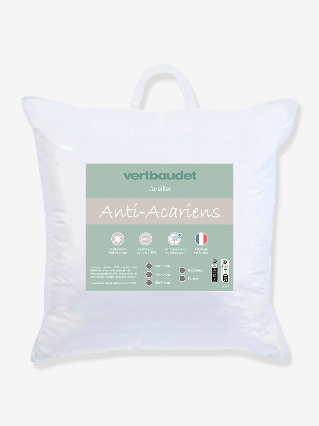 Oreiller moelleux microfibre anti-acariens traité Greencare® blanc -  Vertbaudet