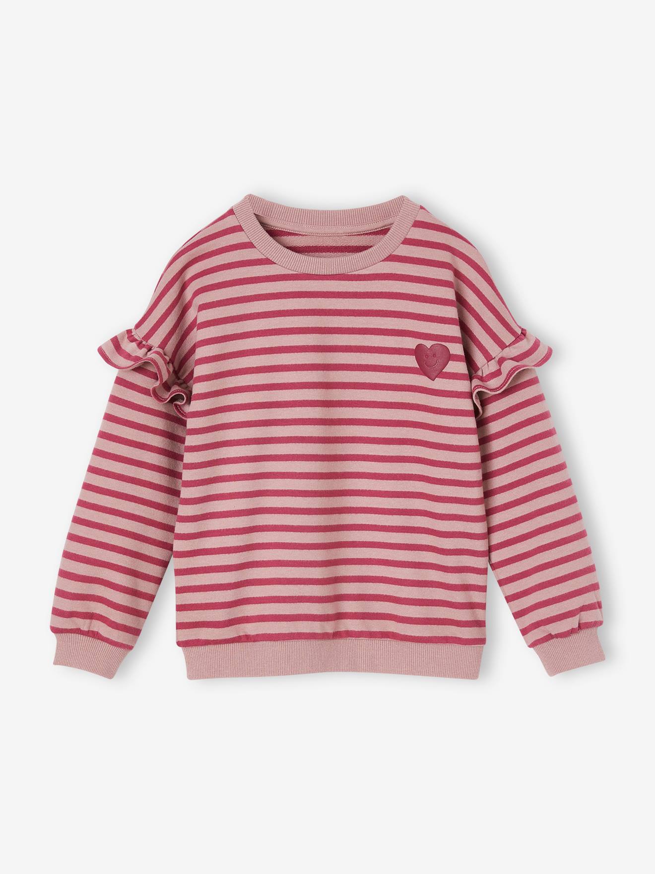 Sweat rayé fille manches à volants vieux rose