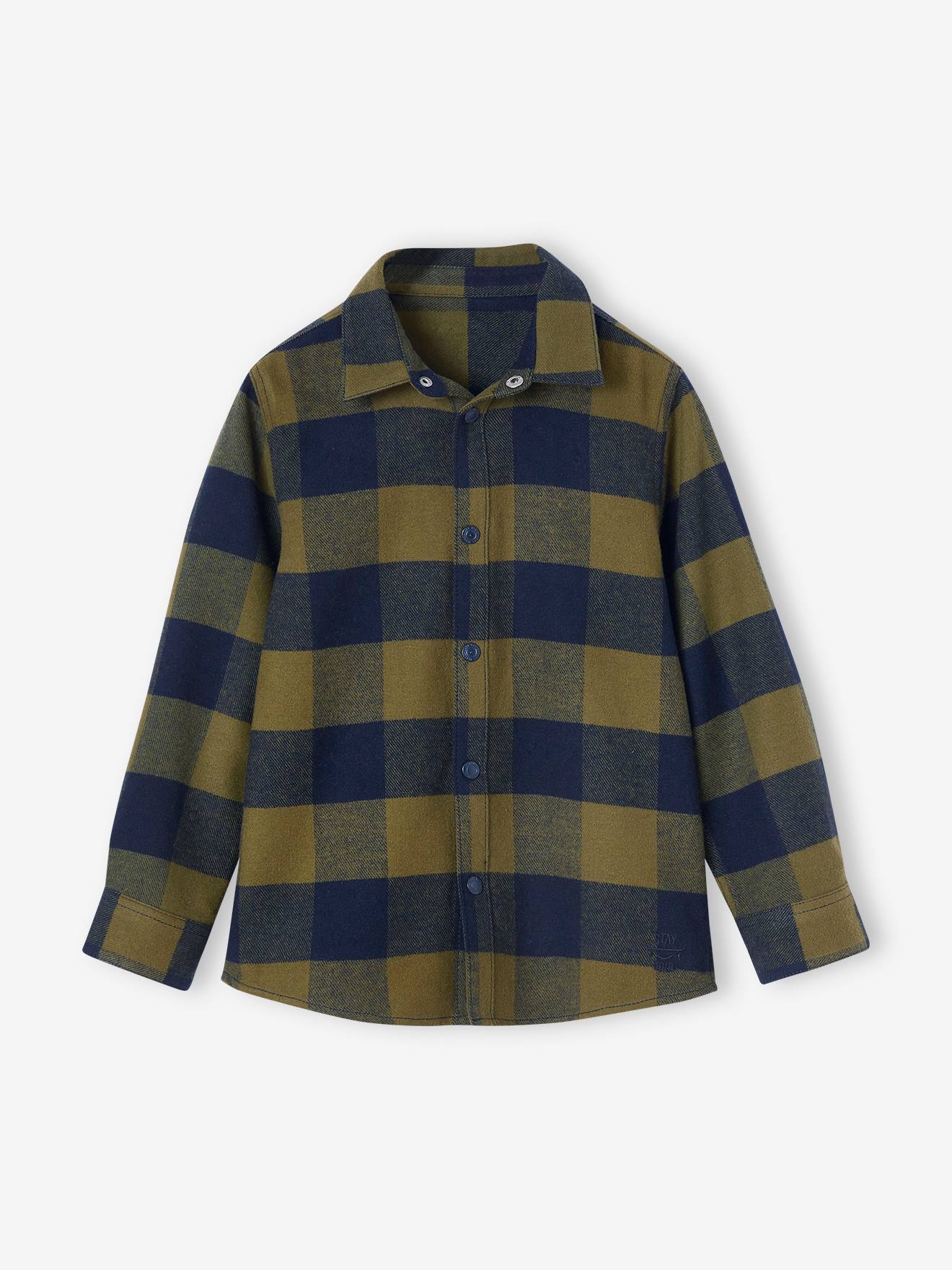 Chemise à grands carreaux en flanelle garçon olive