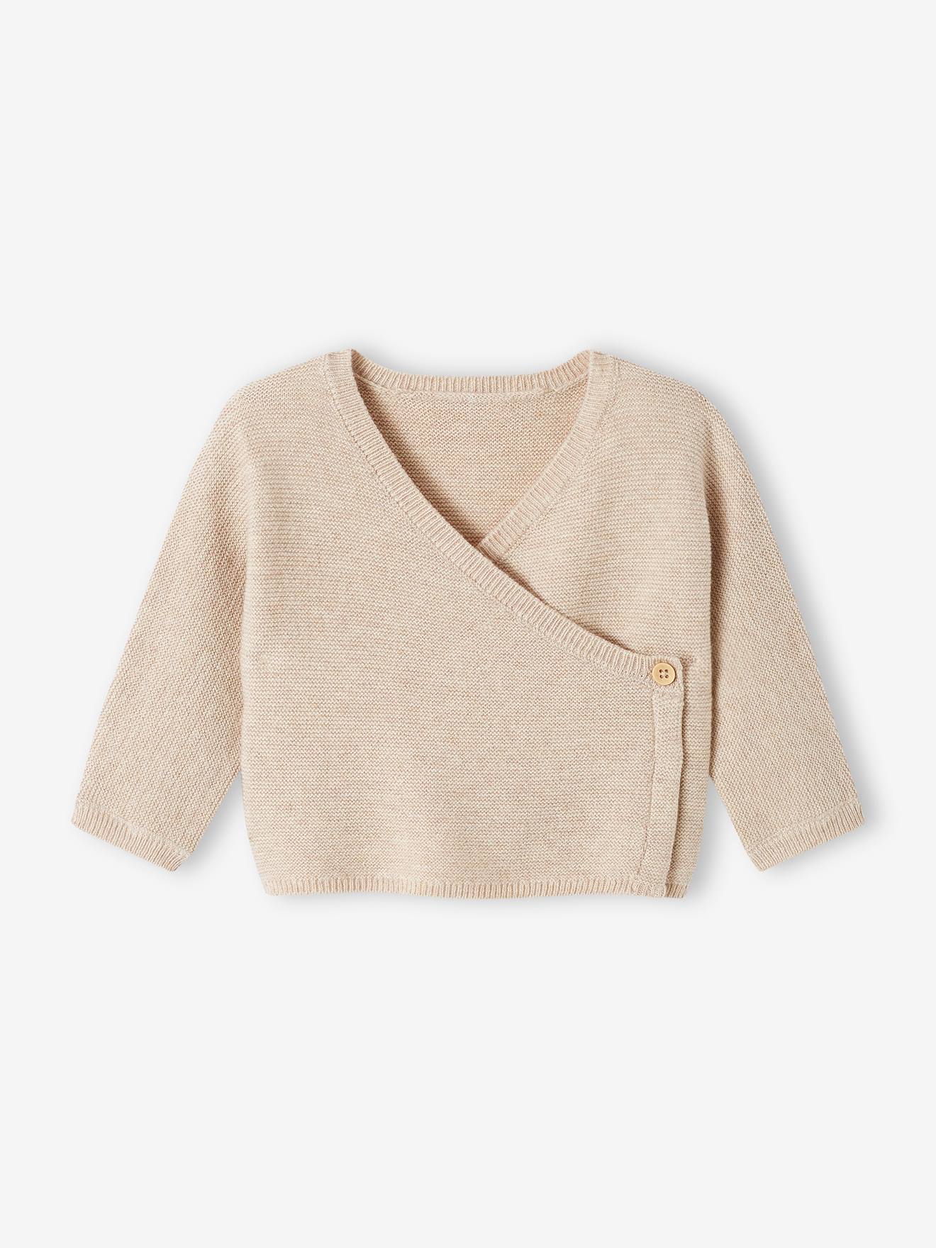 Brassière bébé naissance tricot point mousse coton et laine beige chiné (Vertbaudet) - Image 1