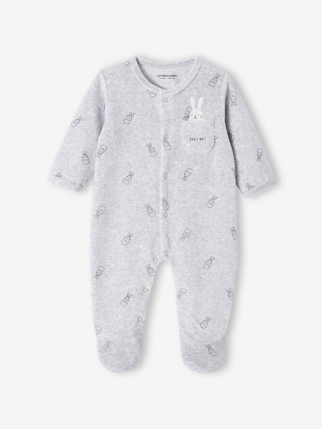 Dors-bien en velours bébé lapins ouverture naissance gris chiné