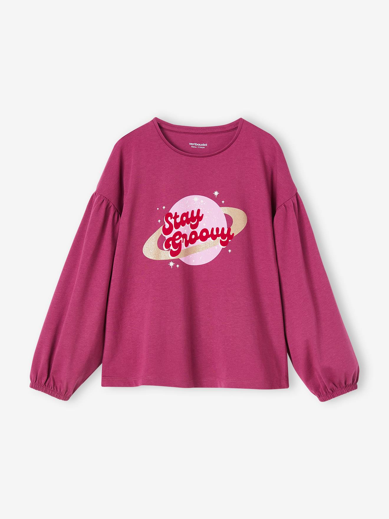 Tee-shirt détails brillants et message velours fille violine