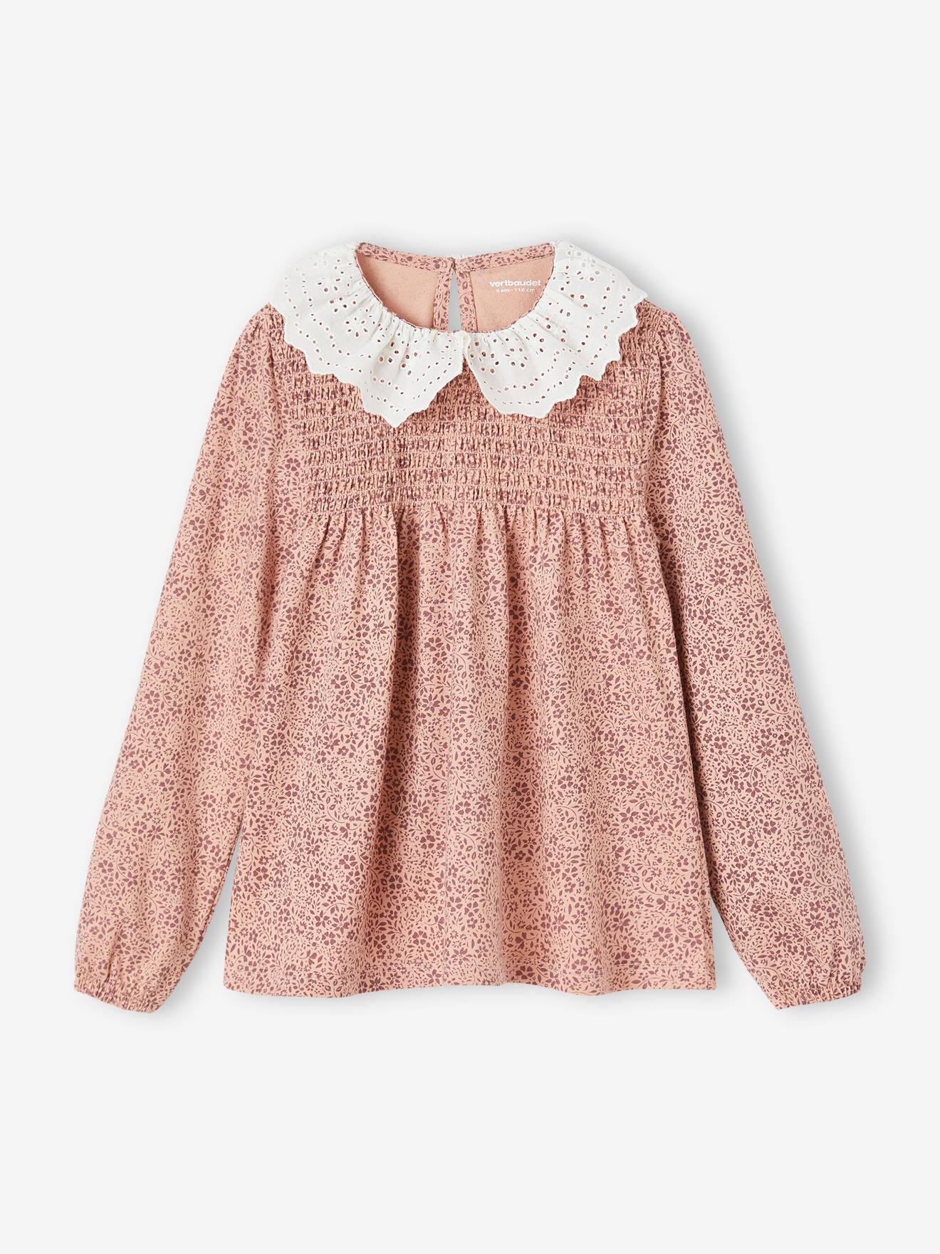 T-shirt blouse col en broderie anglaise fille rose poudré