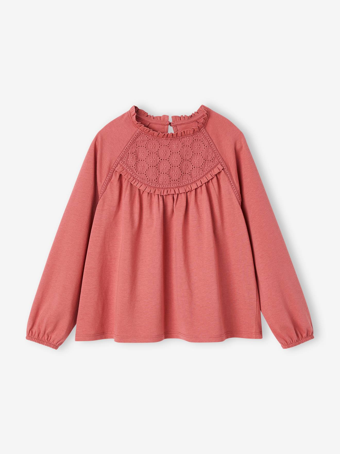 Tee-shirt blouse détail en broderie anglaise fille vieux rose