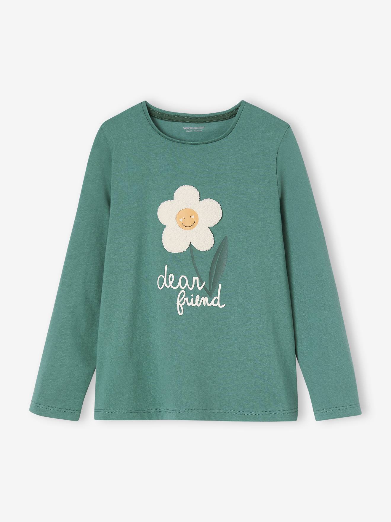 Tee-shirt fantaisie motif en relief fille manches longues vert émeraude