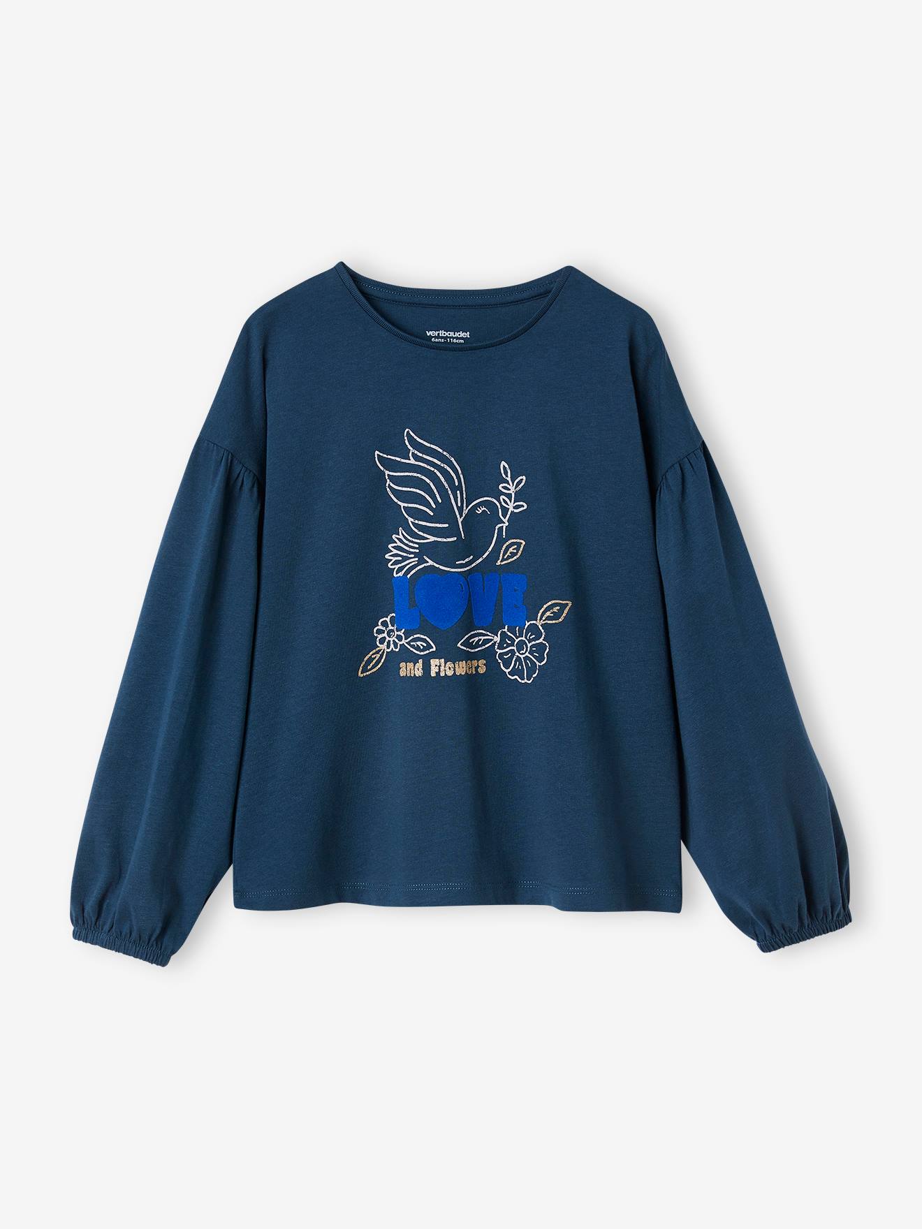 Tee-shirt détails brillants et message velours fille marine