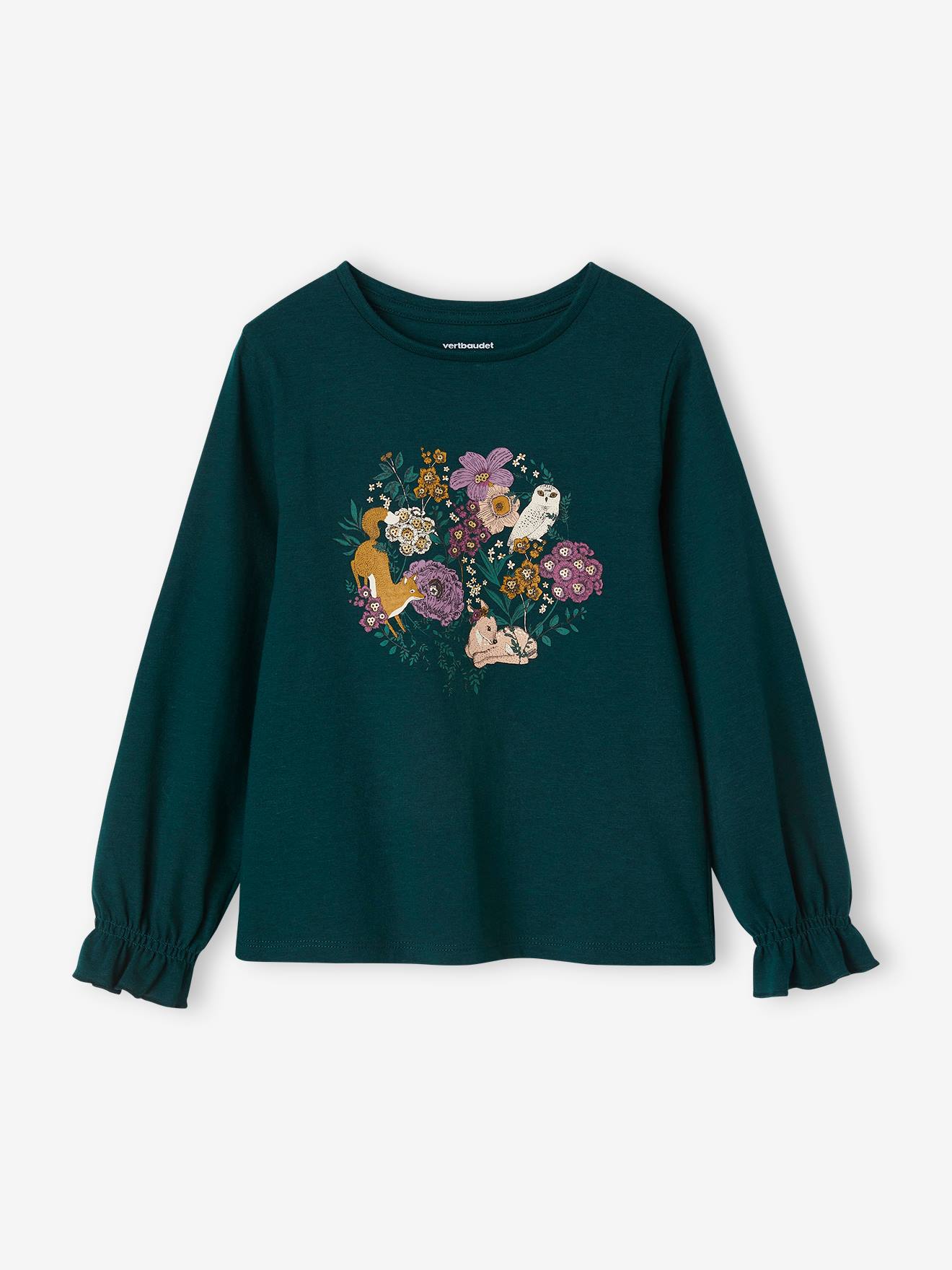 T-shirt romantique motifs brillants fille bleu pétrole