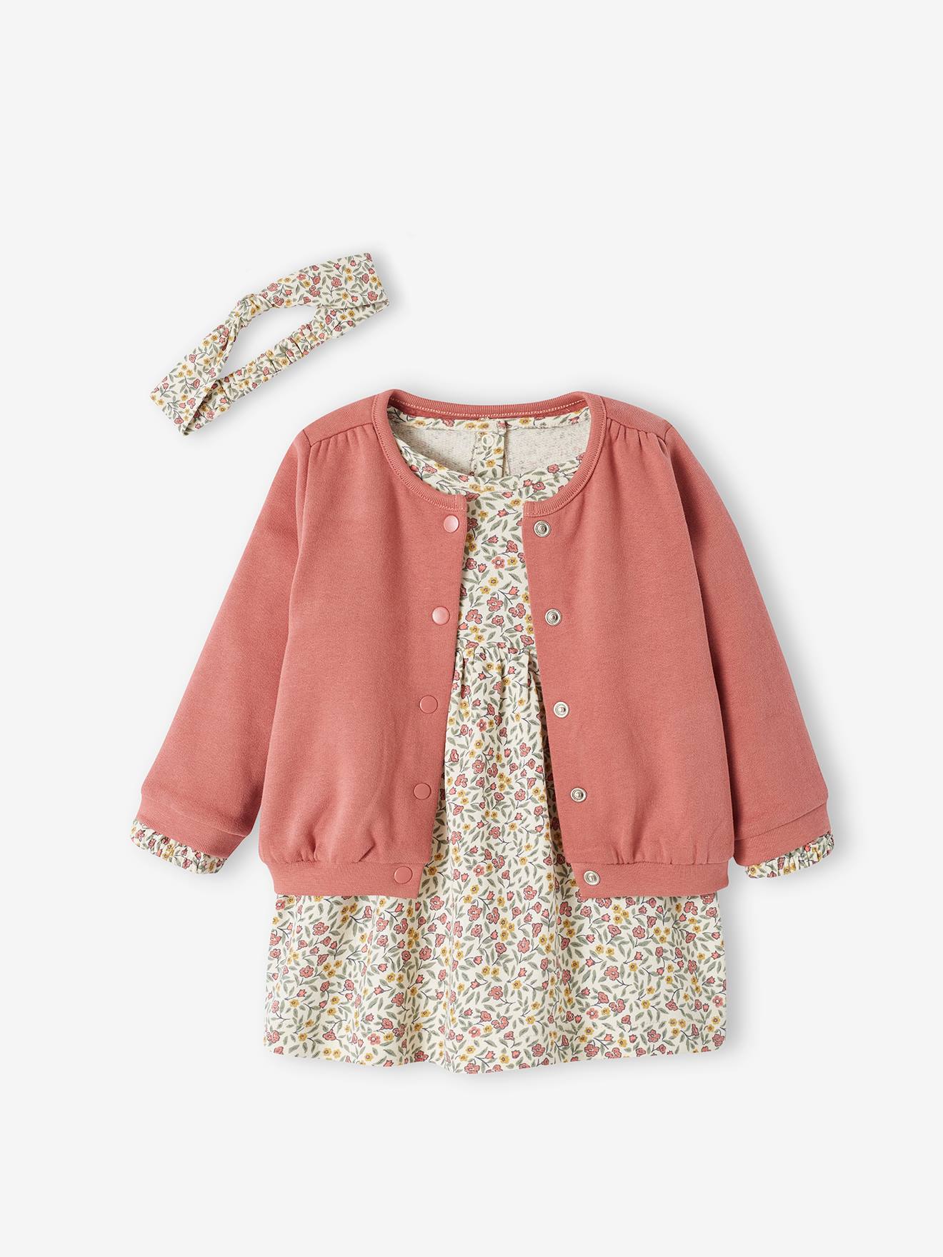 Ensemble 3 pièces : robe + cardigan + bandeau bébé fille vieux rose