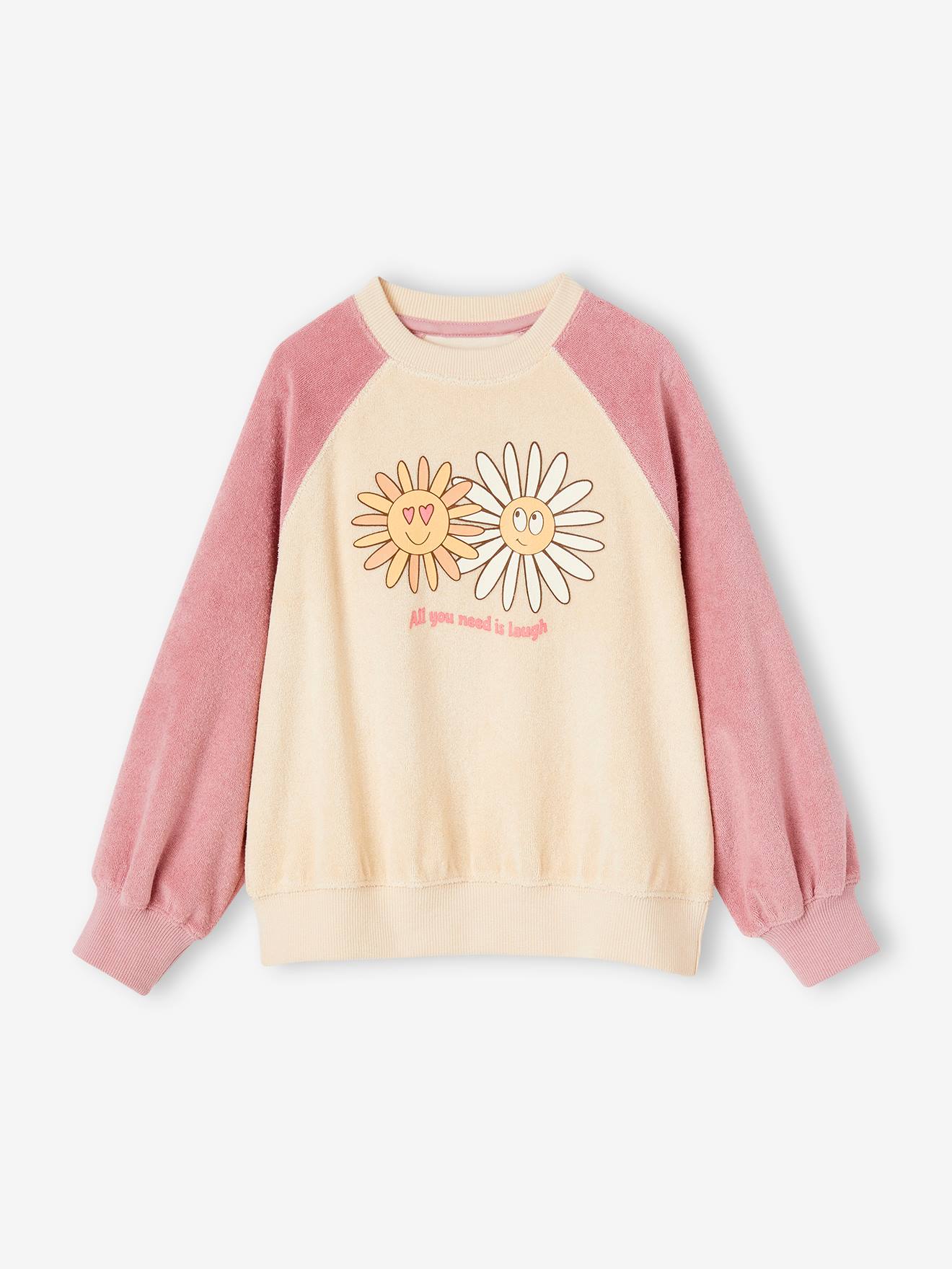 Sweat raglan en éponge motifs fleurs pop fille écru