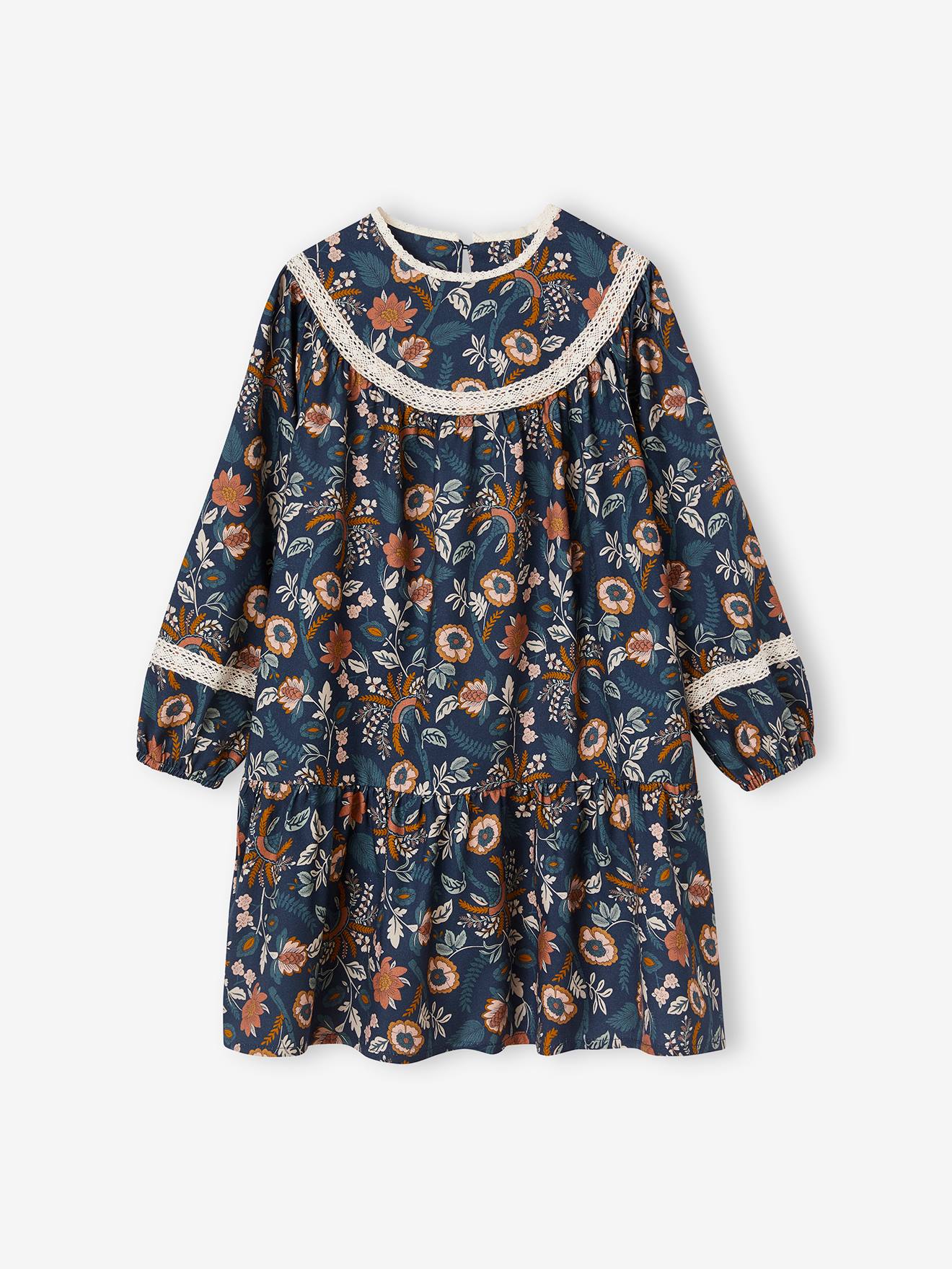 Robe à fleurs détails en dentelle fille bleu nuit