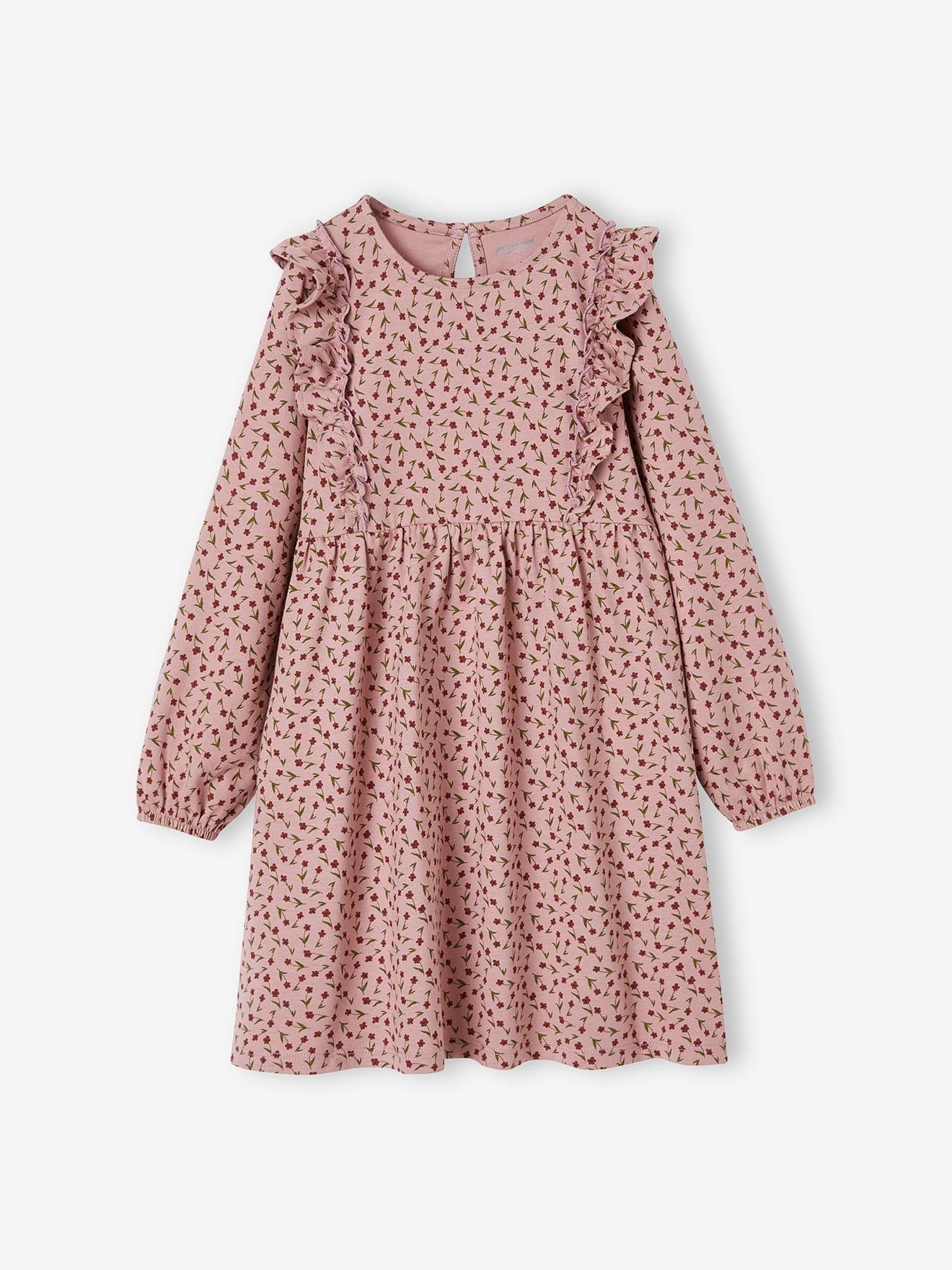 Robe imprimée fleurs fille manches volantées vieux rose