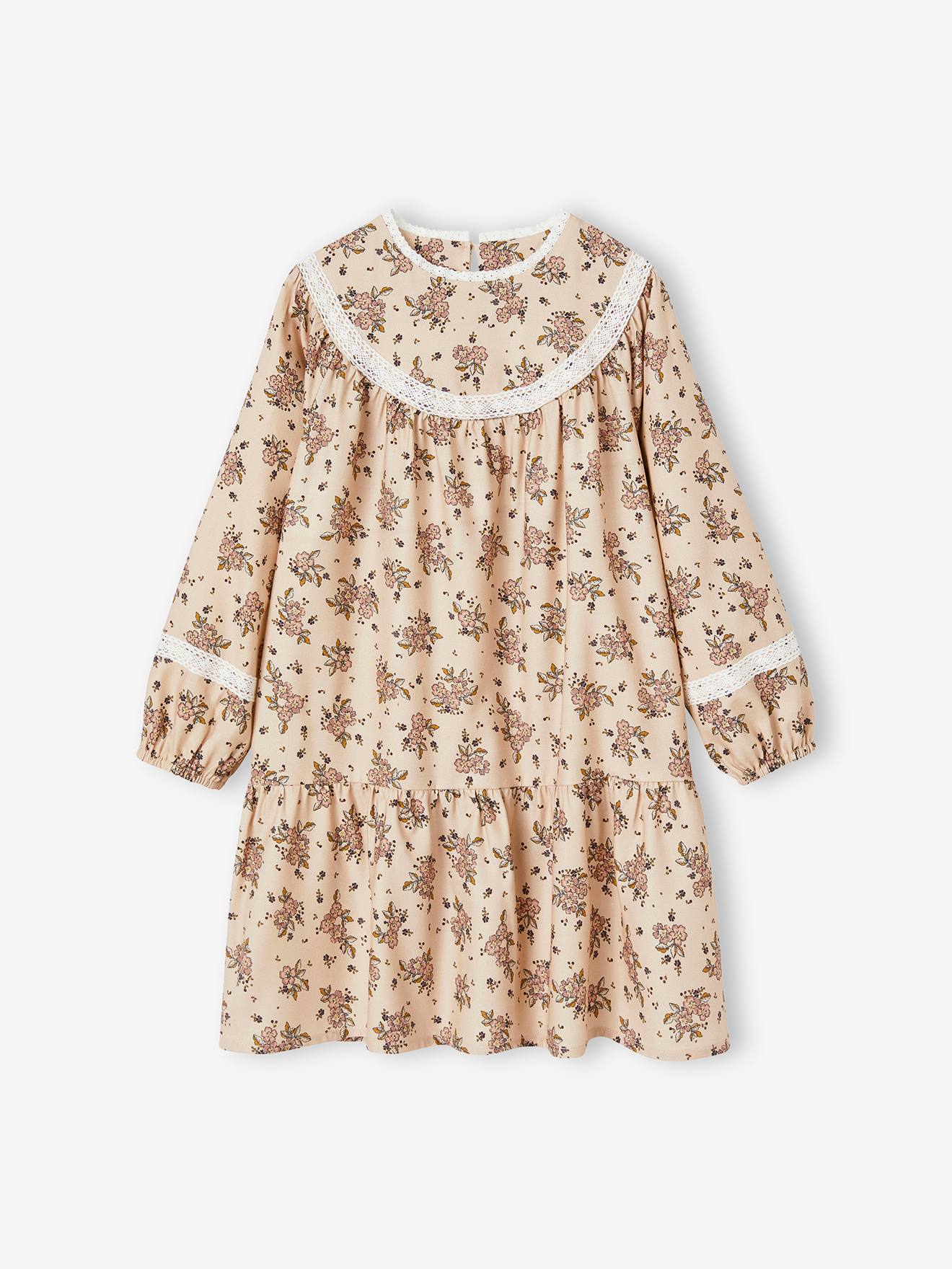 Robe à fleurs détails en dentelle fille beige