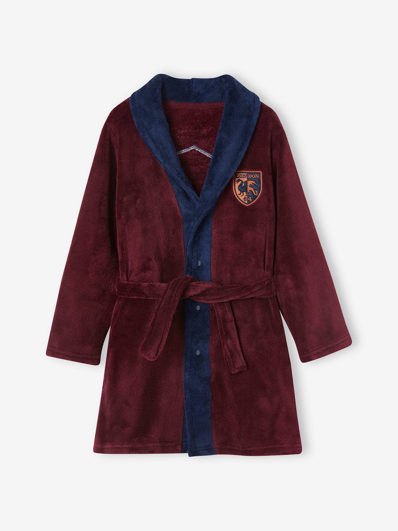 Robe de chambre en maille polaire blason garçon bordeaux