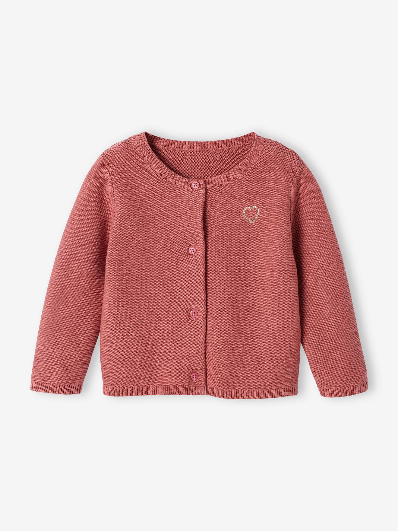 Cardigan broderie dorée coeur bébé vieux rose