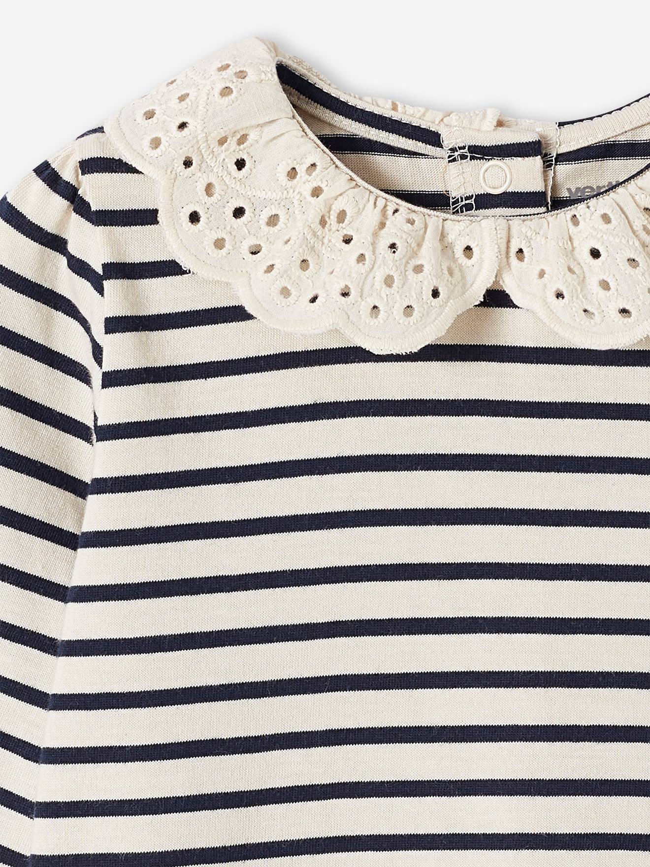 T-shirt bébé col brodé manches longues rayé marine (Vertbaudet) - Image 3