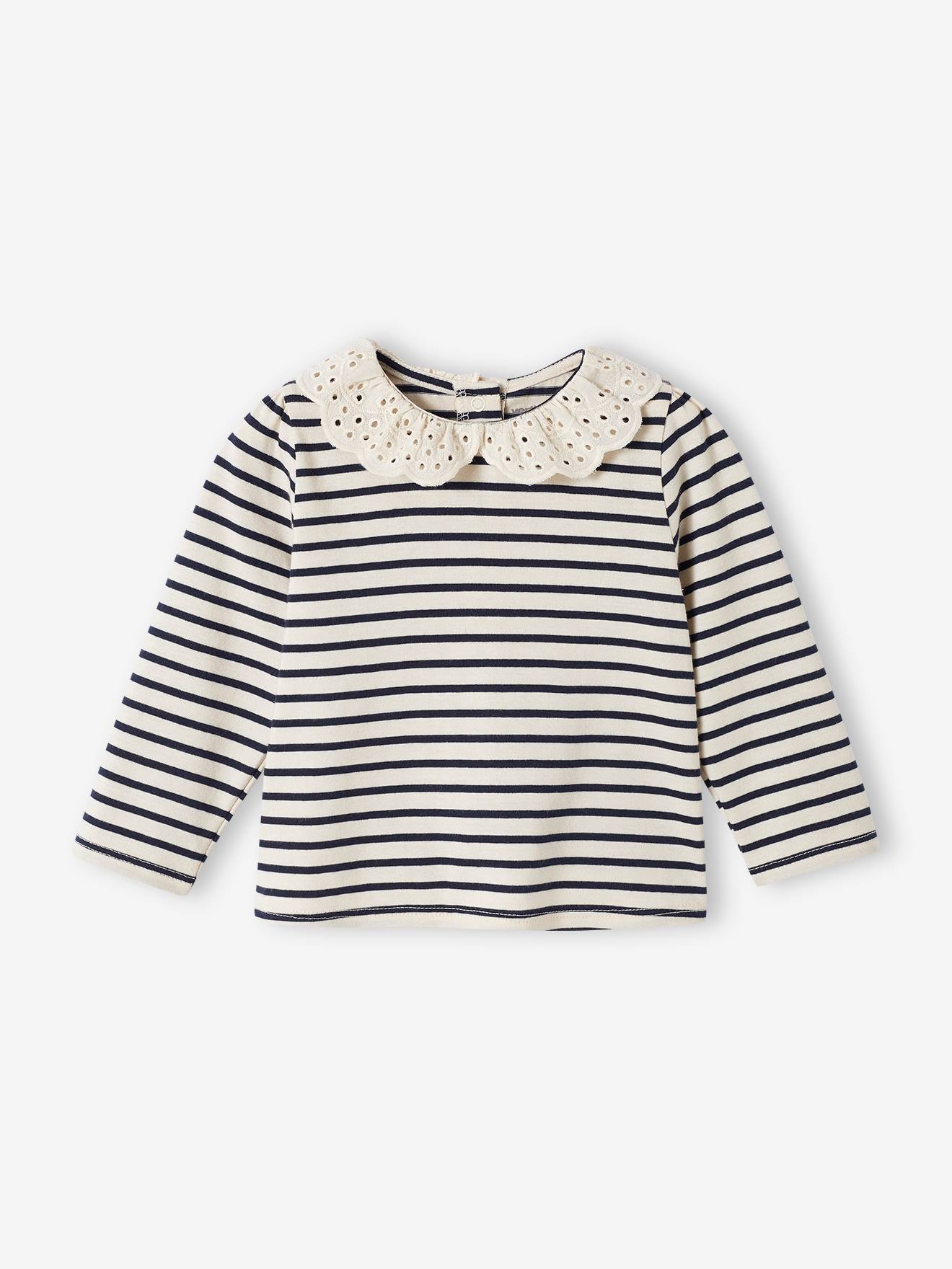 T-shirt bébé col brodé manches longues rayé marine (Vertbaudet) - Image 2