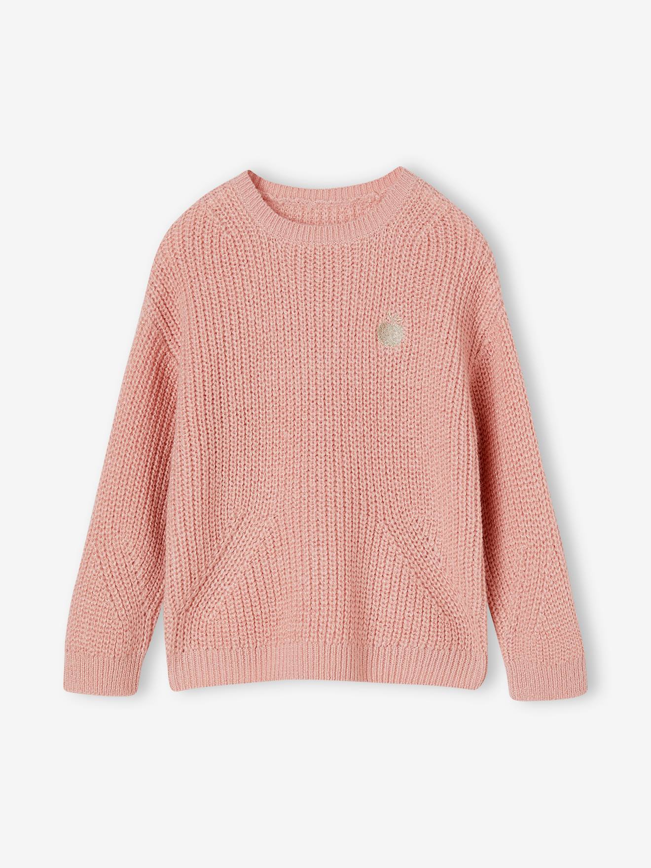 Pull maille perlée animation badge irisé fille rose poudré