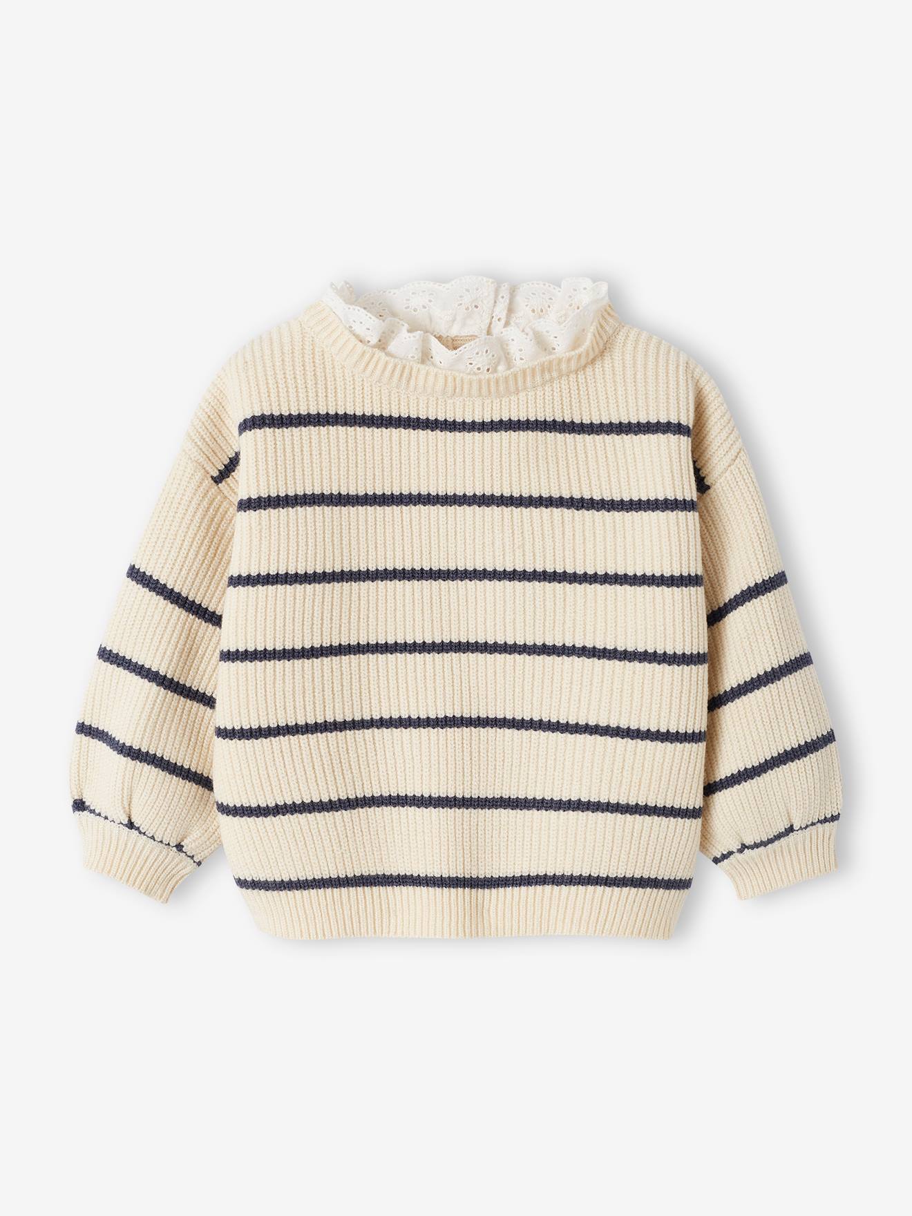 Pull bébé fille en côte perlée col en broderie anglaise rayé marine (Vertbaudet) - Image 2