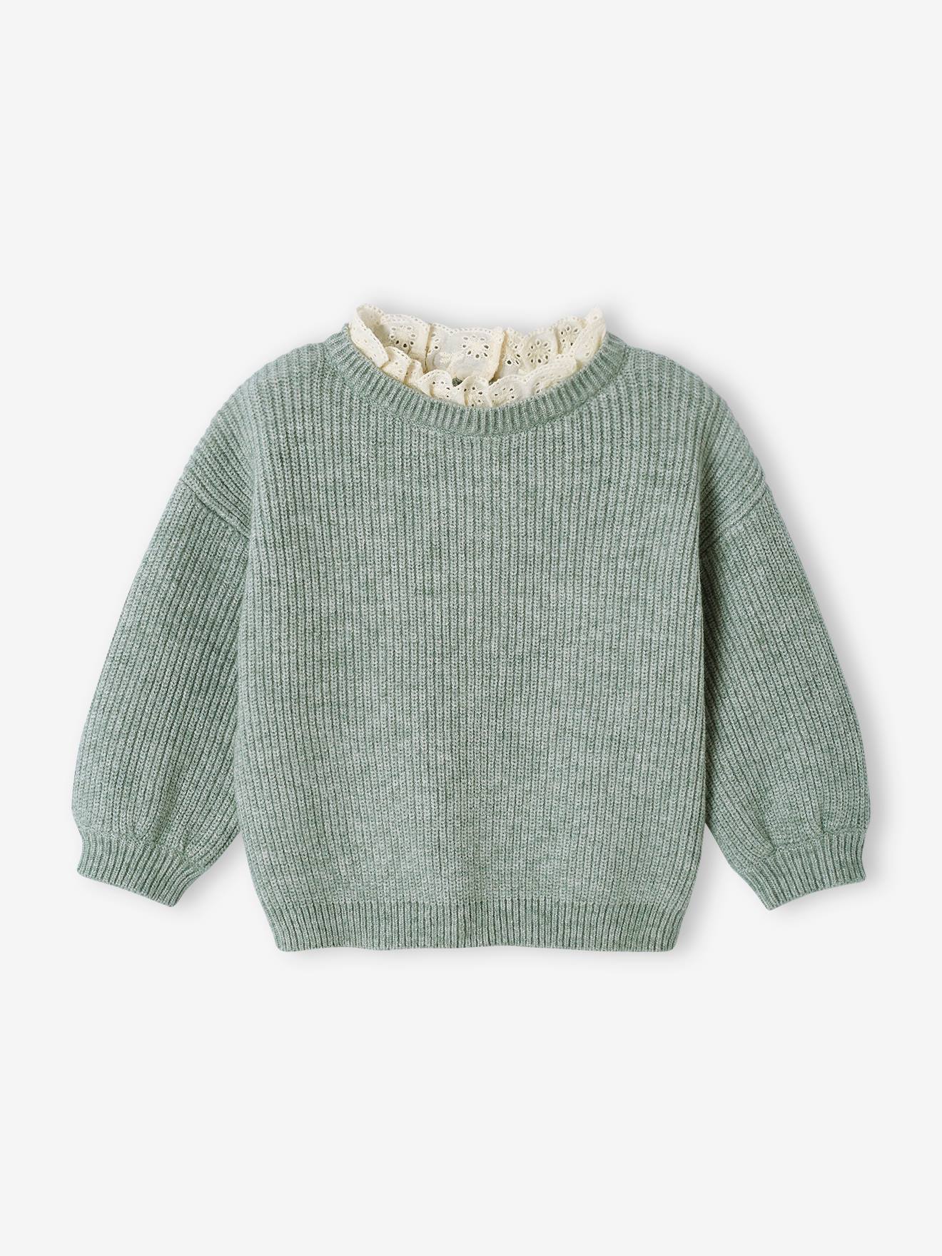 Pull bébé fille en côte perlée col en broderie anglaise vert sauge