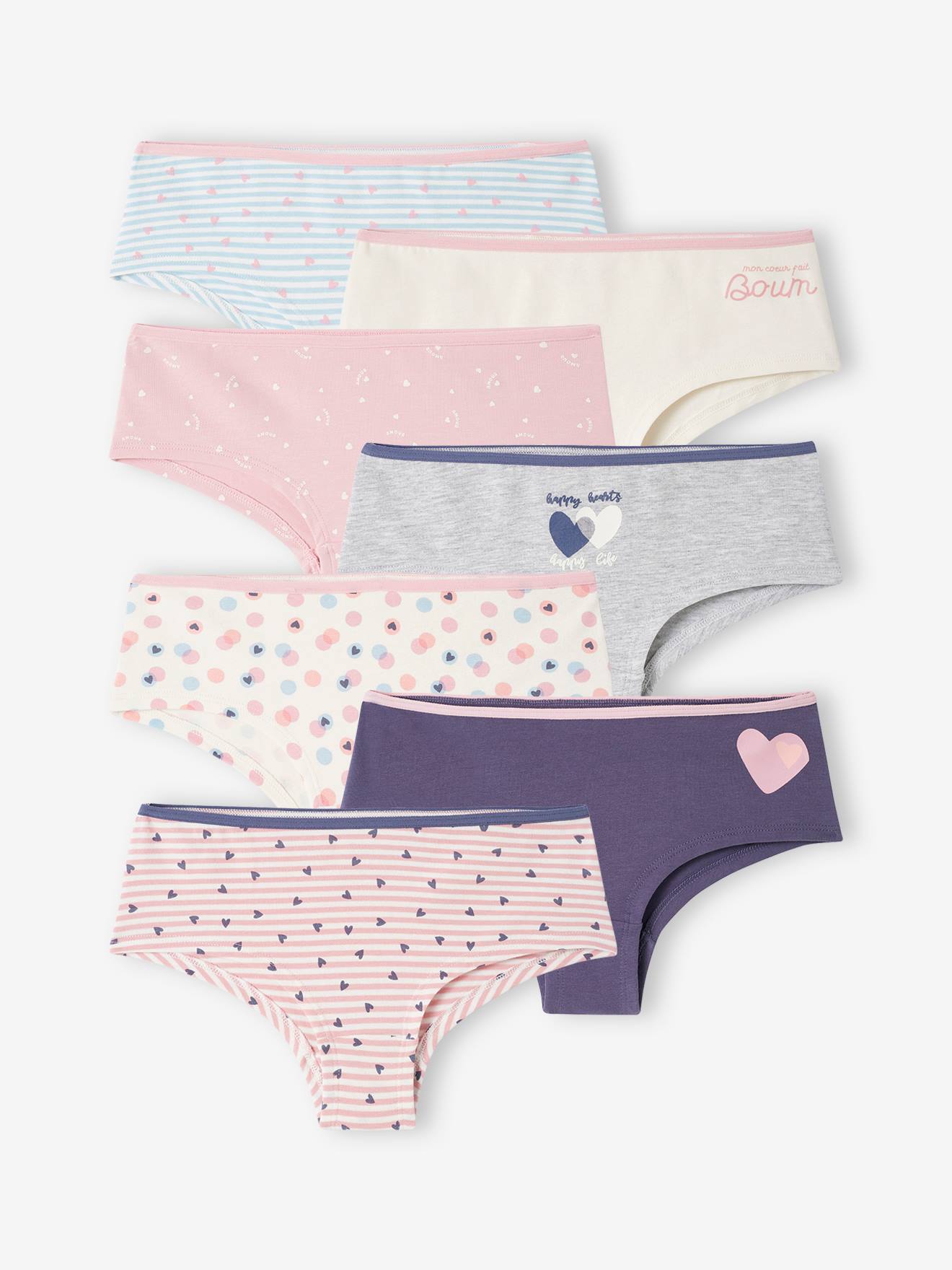 Lot de 7 shorties coeurs fille bleu