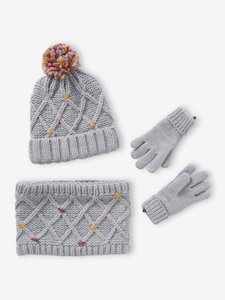Fille-Accessoires-Ensemble bonnet + snood + gants ou moufles pompons fille