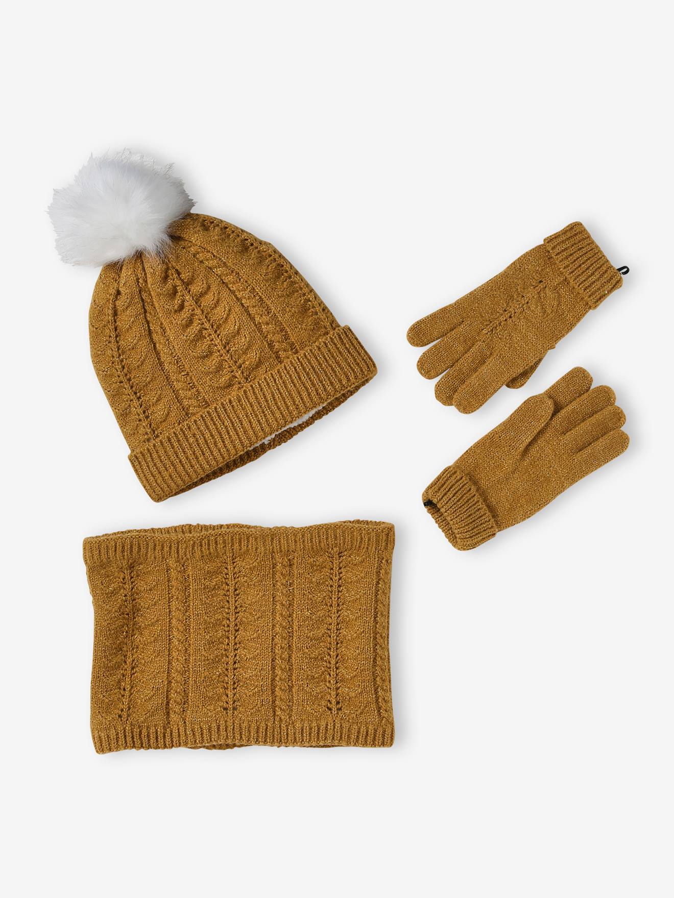 Ensemble bonnet + snood + gants ou moufles en maille torsadée fille moutarde