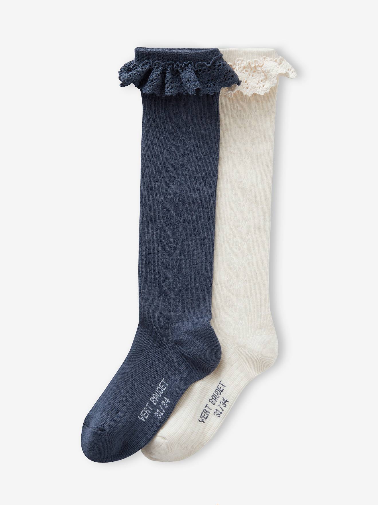Lot de 2 paires de chaussettes hautes en maille ajourée et dentelle fille marine + blanc