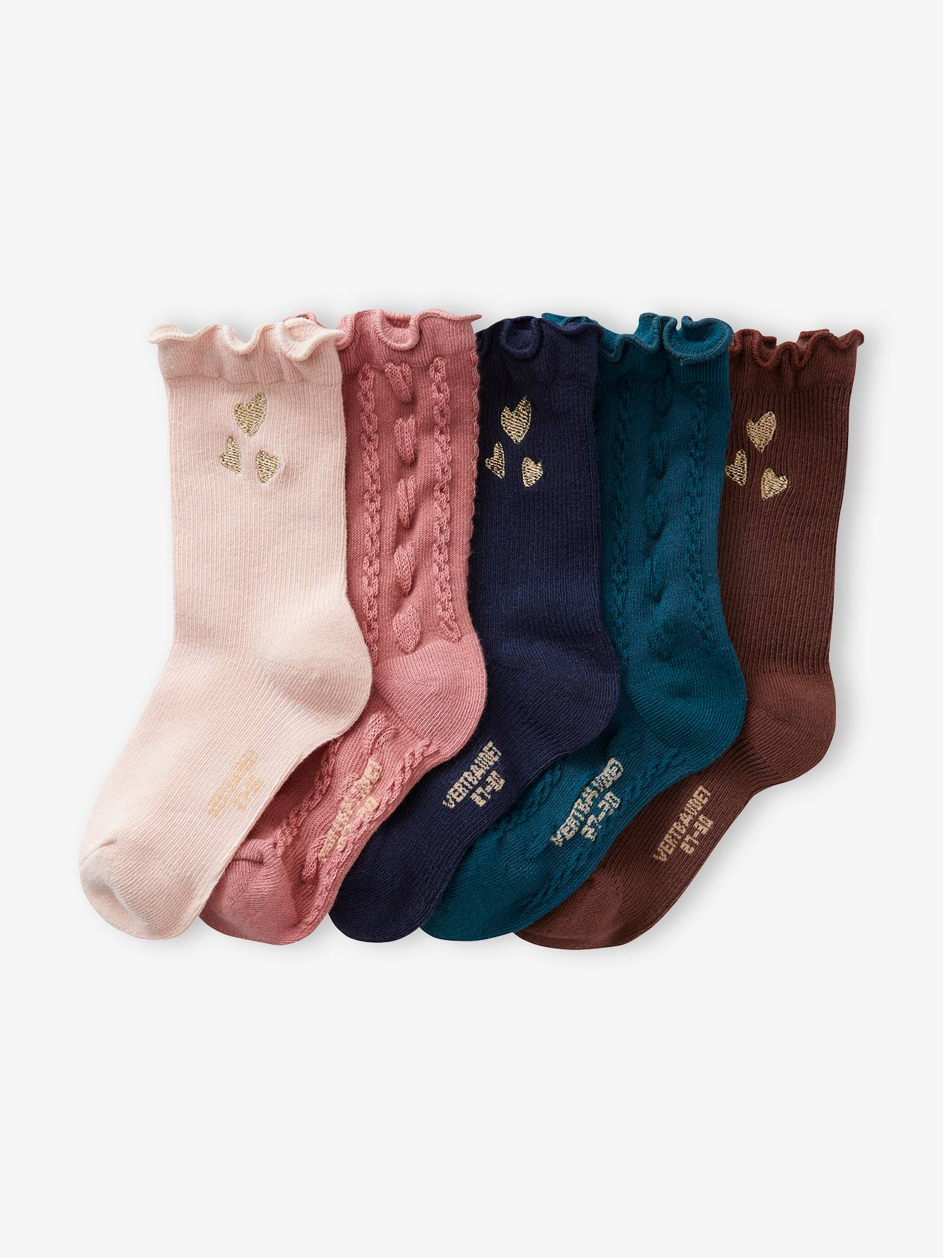 Lot de 5 paires de chaussettes coeurs en maille torsadée et côtelée fille rose poudré