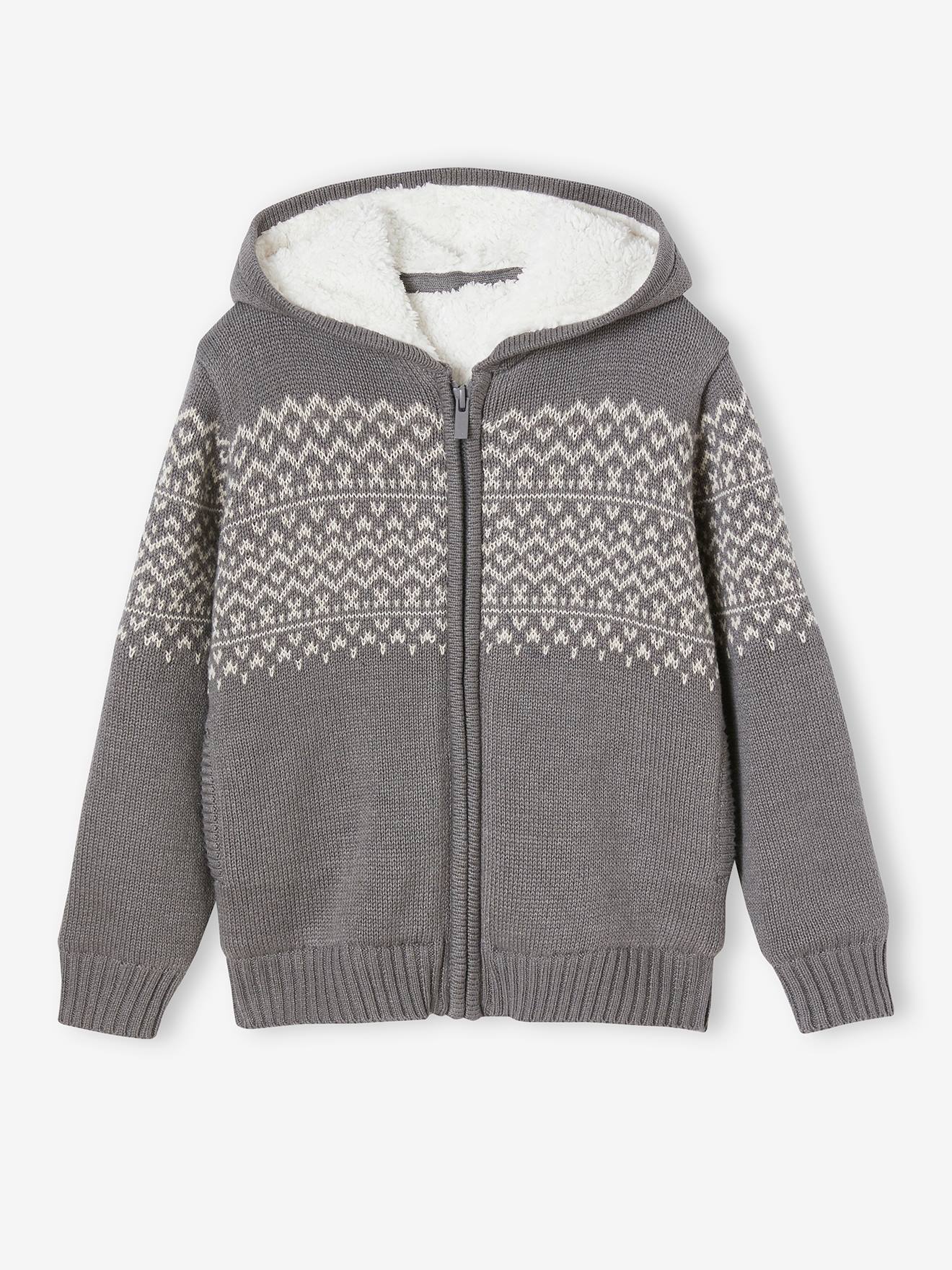 Gilet zippé à capuche garçon doublé sherpa gris chiné