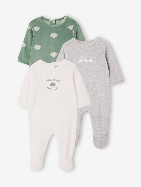 Vertbaudet - Lot de 3 dors-bien bébé en velours BASICS vert de gris