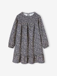 -Robe à smocks motifs fleurs fille manches longues